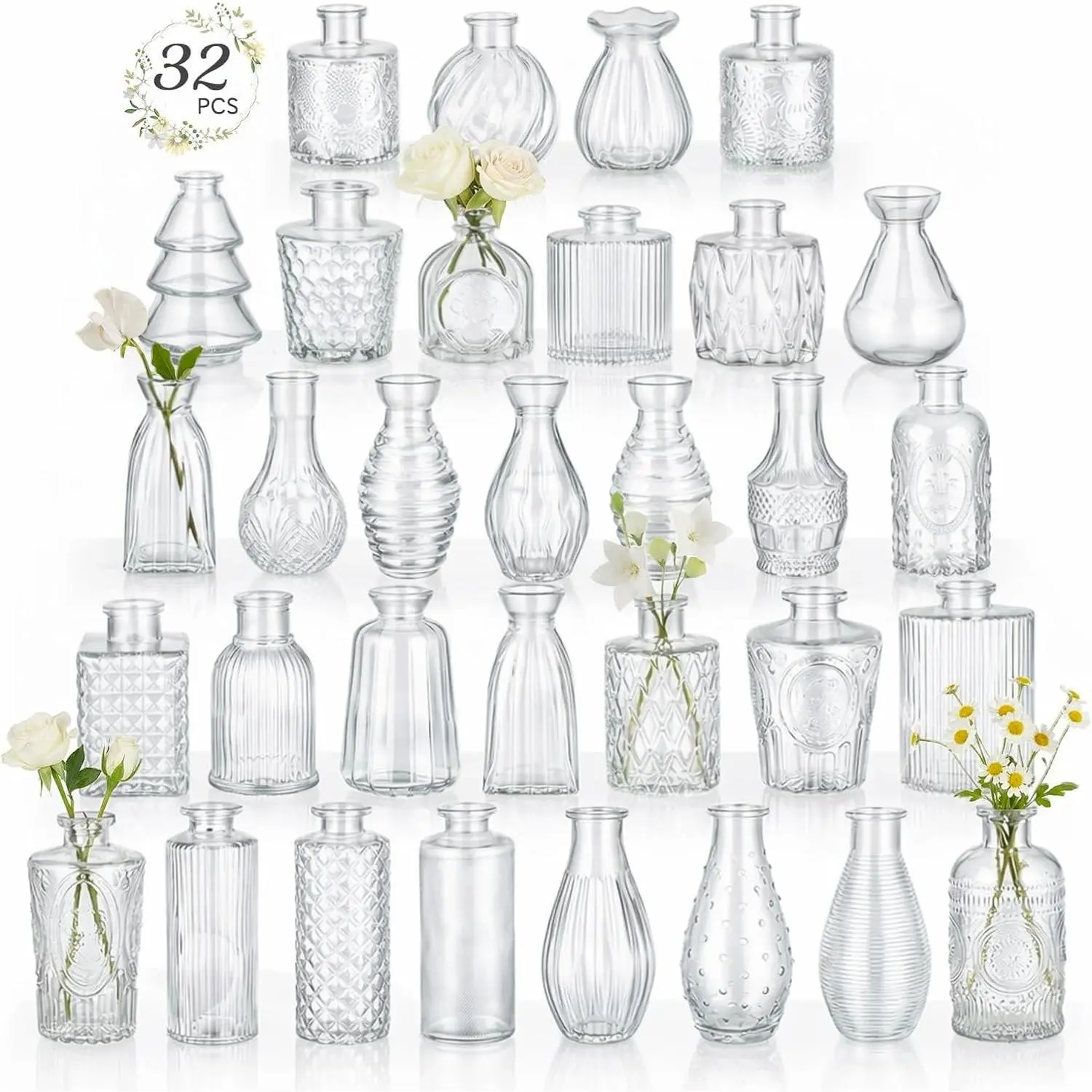 RUCKAE 32-Pack Transparent Small Size Decorative Mini Glass Bud Vase Set, Gift for Table Decor, Wedding Home Decorations (Home Supplies Category)