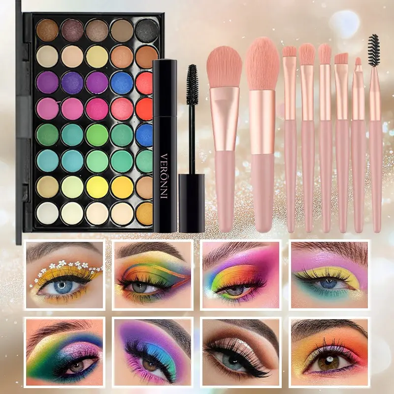 Christmas Limited Veronni 3-Piece Cosmetics Kit, 40 Shades Eyeshadow Palette, Mascara, 8 Brushes, Perfect Gift for Women