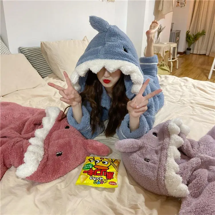 Autumn Winter Women Cute Pajamas Sets Cartoon Shark Hooded Sleepwear Coral Fleece Lady Home Clothes Female Sweet Warm Pyjamas
