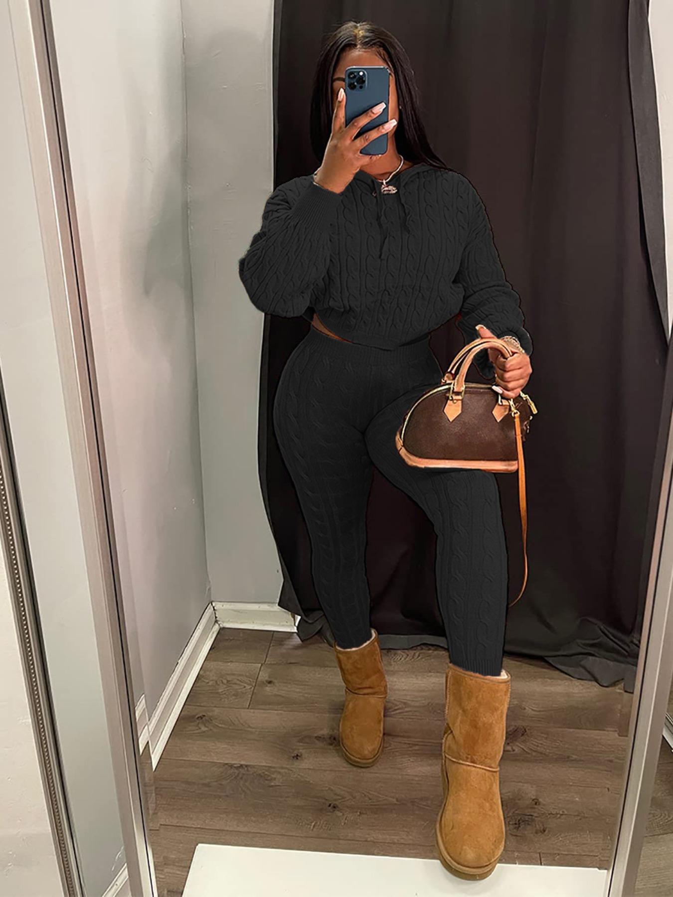 Women's Minimalist Textured Long Sleeve Crop Hooded Sweater & High Waist Skinny Pants Set, Casual Cozy Lady Knitwear Outfits Suits, Basic Womenswear