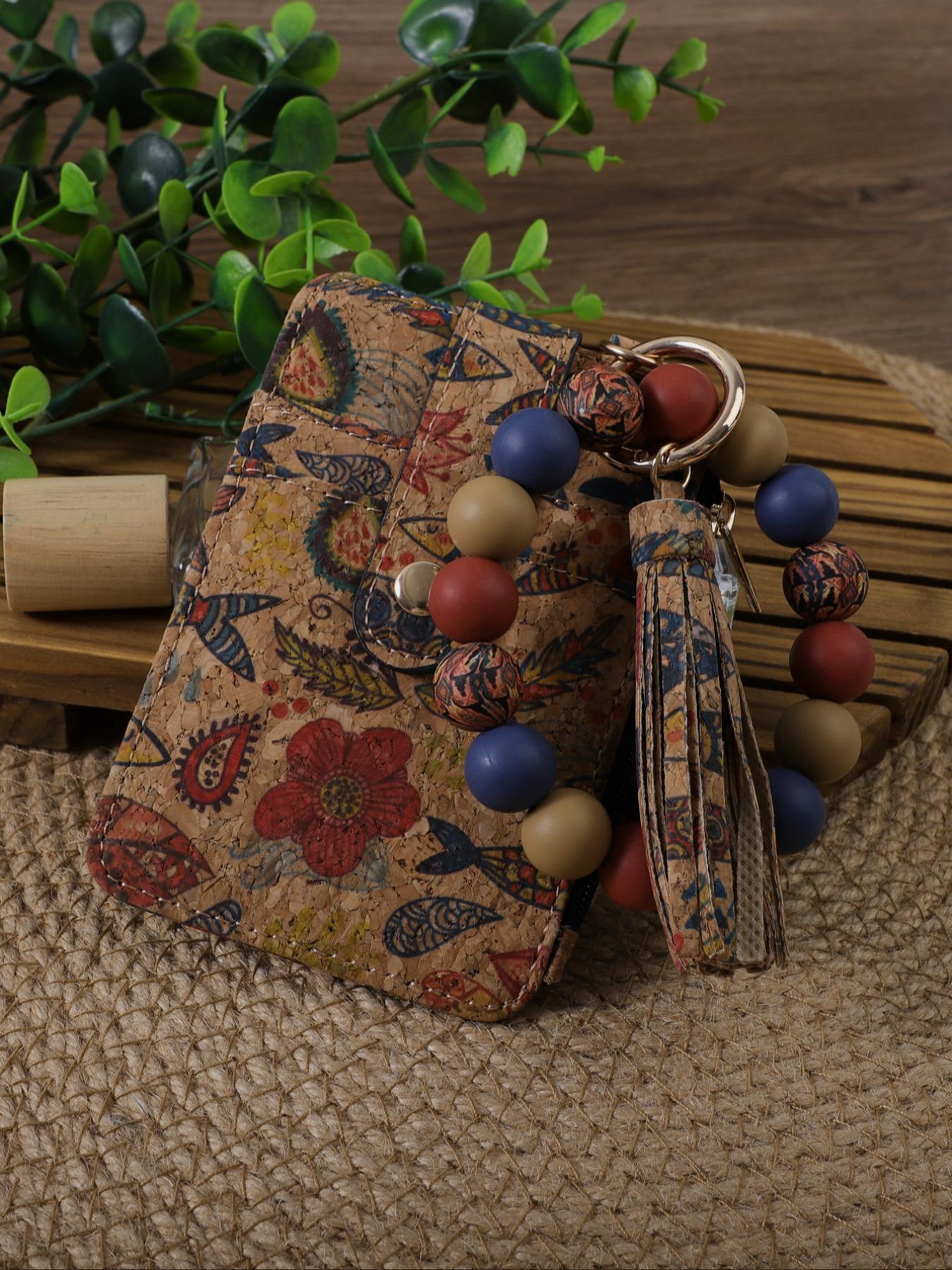 Vintage Boho Style Keychain, Stylish Keychain, Floral & Geometric Pattern Beaded Keychain with Card Holder Set for Women & Girls, Fashion Accessories for Daily Use