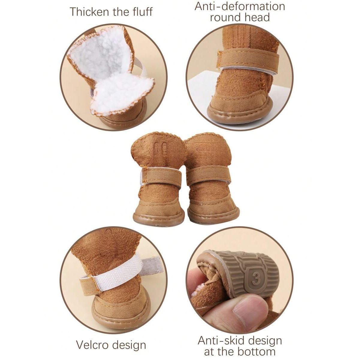 4pcs Plus Fleece Thick Pet Snow Boots Brown Polyester Universal Fit for Small Medium Cats Dogs Indoor Outdoor Wear Kitten Shoes Winter Outfits