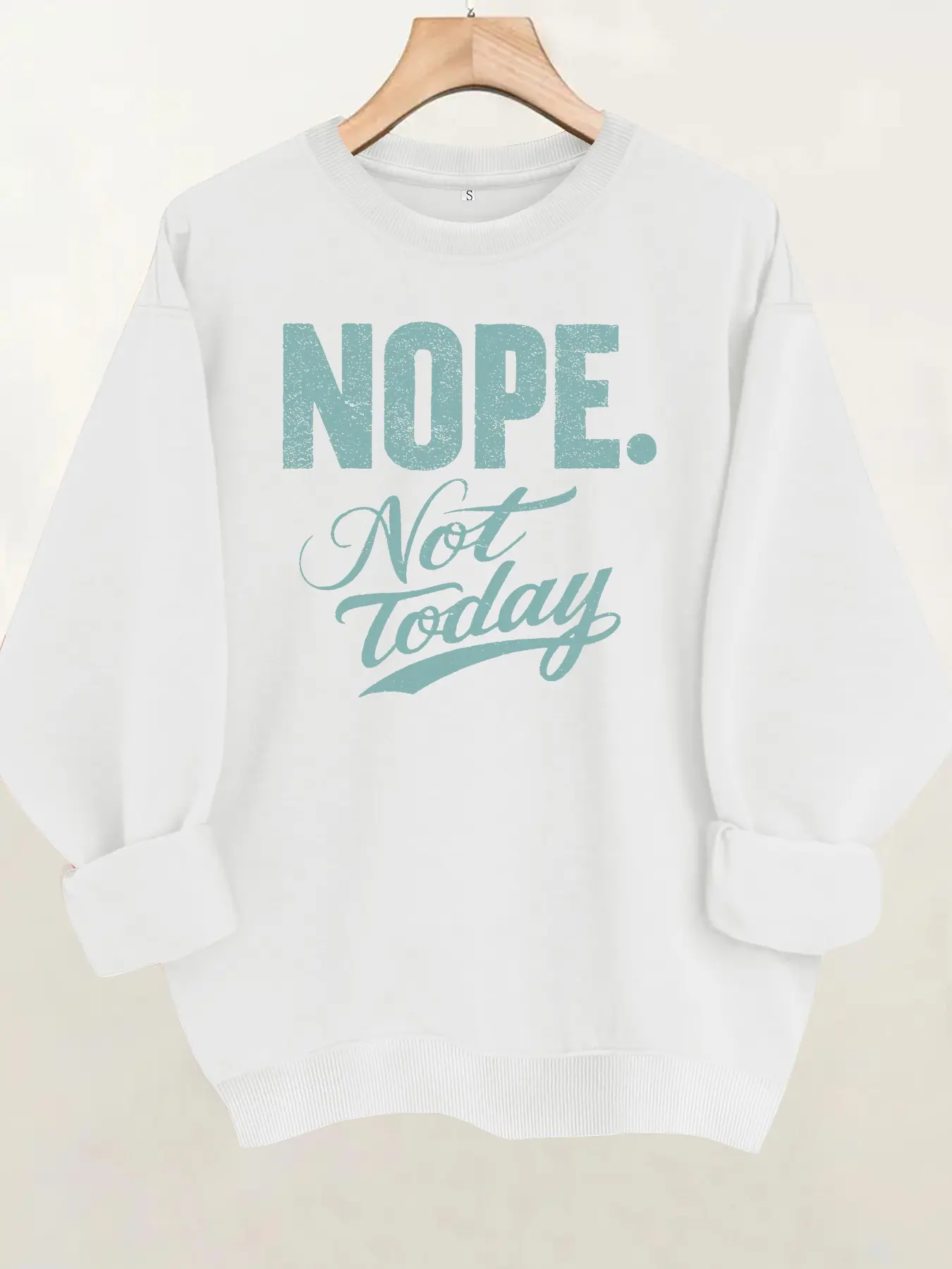 Women's Nope Print Round Neck Fleece Sweatshirt, Casual Long Sleeve Pullover, Comfortable All Seasons, Durable Fabric