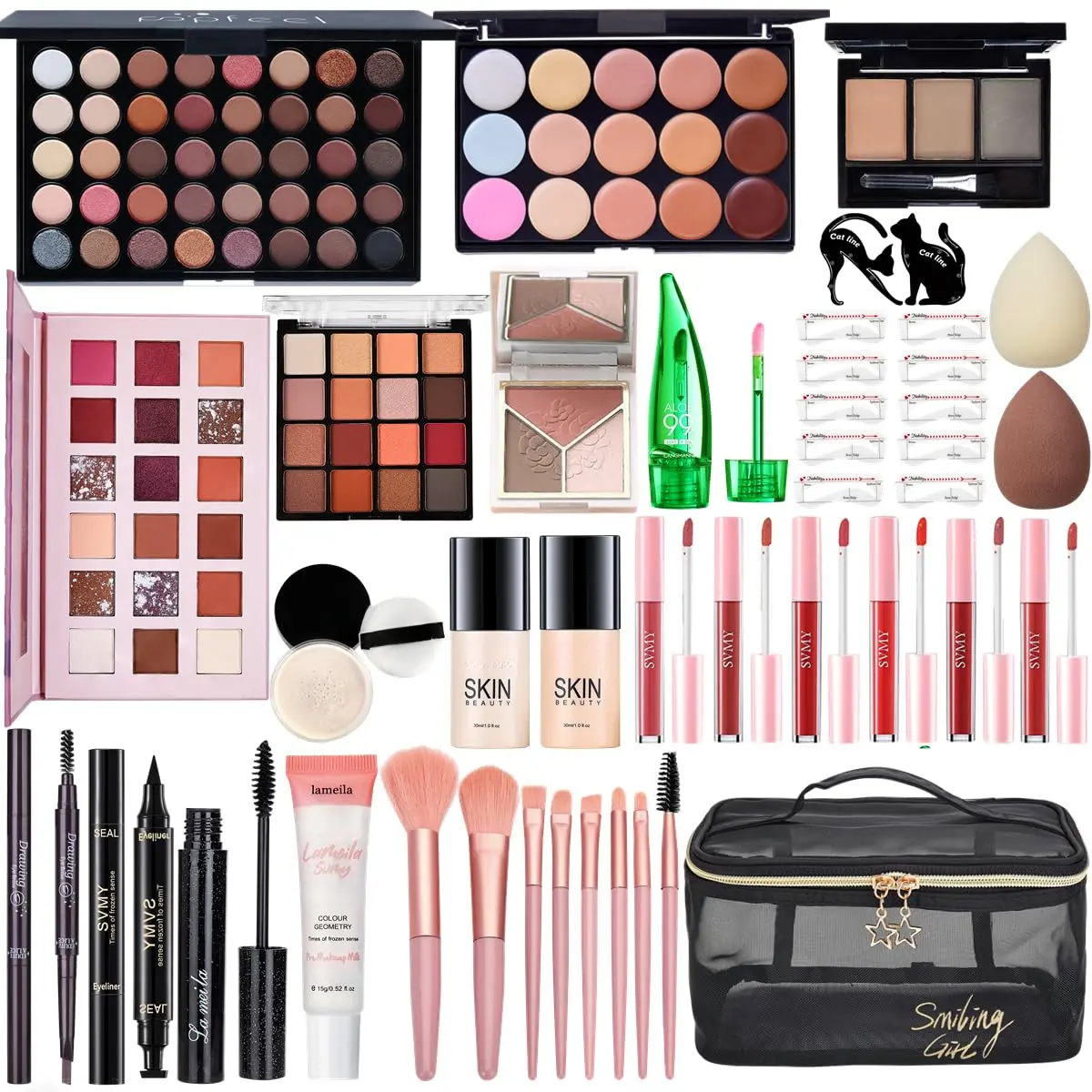 All in One Makeup Kit  Women Full Kit, Make Up Gift Set  Women, Makeup Essential Bundle Includes Foundation Face Primer Eyeshadow Contour Palette Lipstick Eyeliner Mascara Cosmetic Brush Set