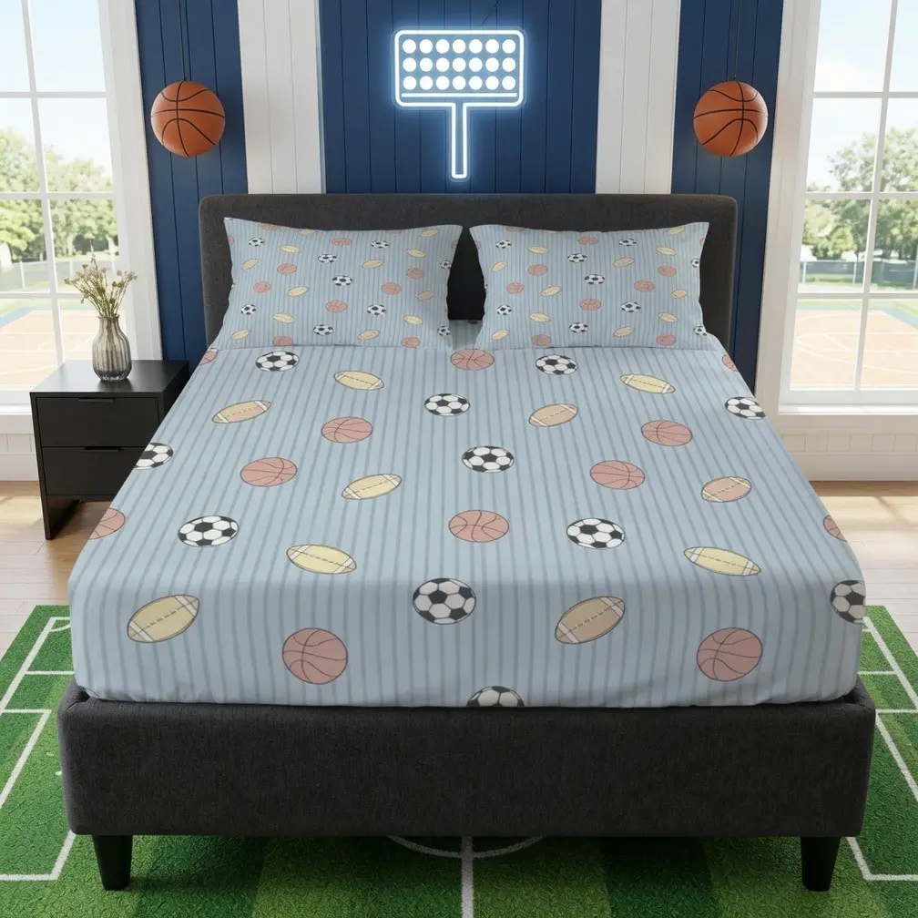 3 Pieces Multi Sports Ball Striped Fitted Sheet Set, Minimal Sporty Boys Fitted Bedding, Without Pillow Inserts, Suitable for Teen Boys Bedroom, Playroom, Sports Fan Home Decor & Gifts