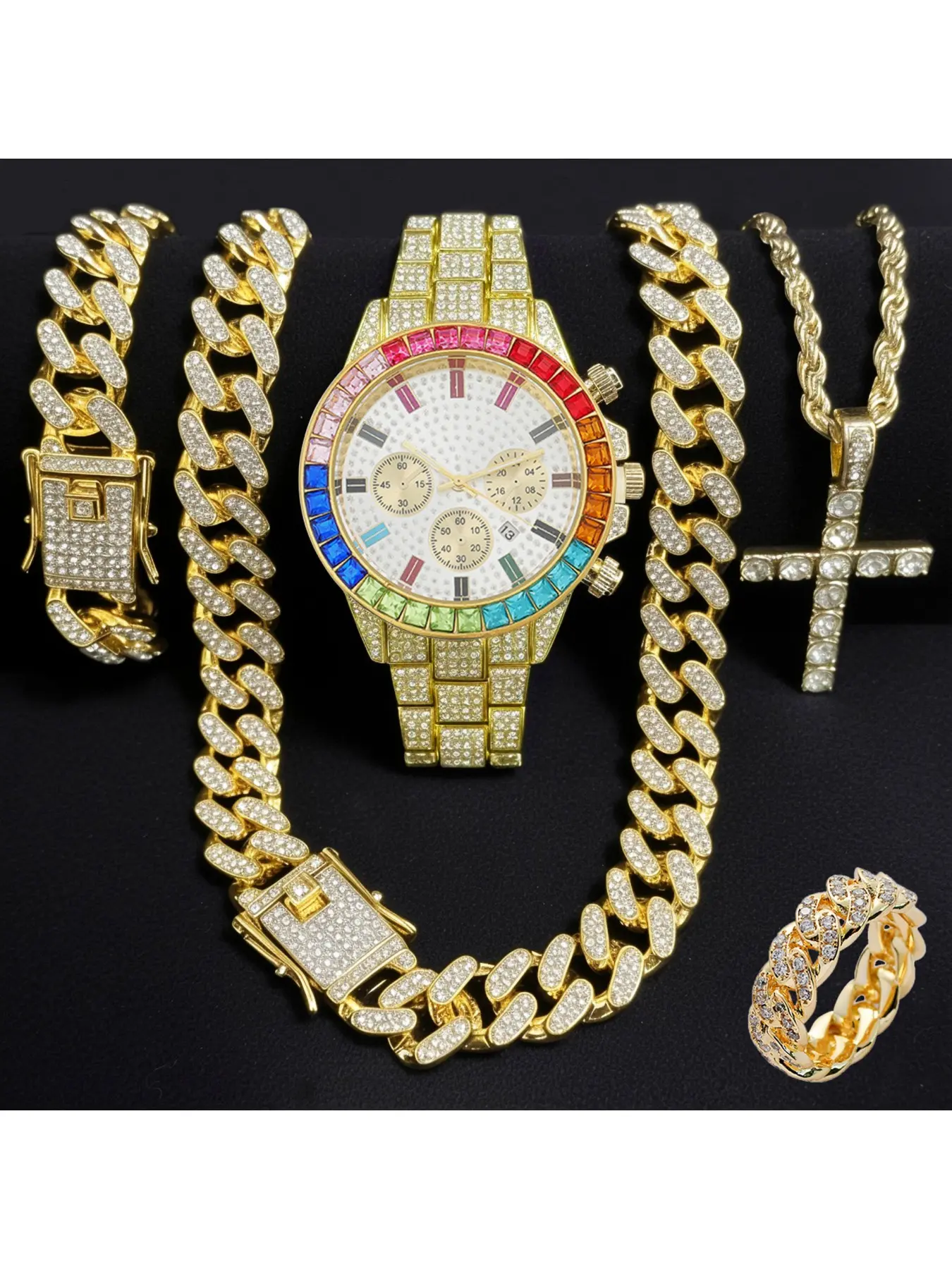Rainbow Diamond Unisex Watch Accessory Kit, Analog Quartz Movement Big Dial Chronograph Wrist Watch, Adjustable 18K Gold Vacuum Plated Miami Cuban Link Chain Bracelet, Iced Square Candy Glass Necklace and Cross Pendant, 4 In 1, Quartz Analog Wristwatch