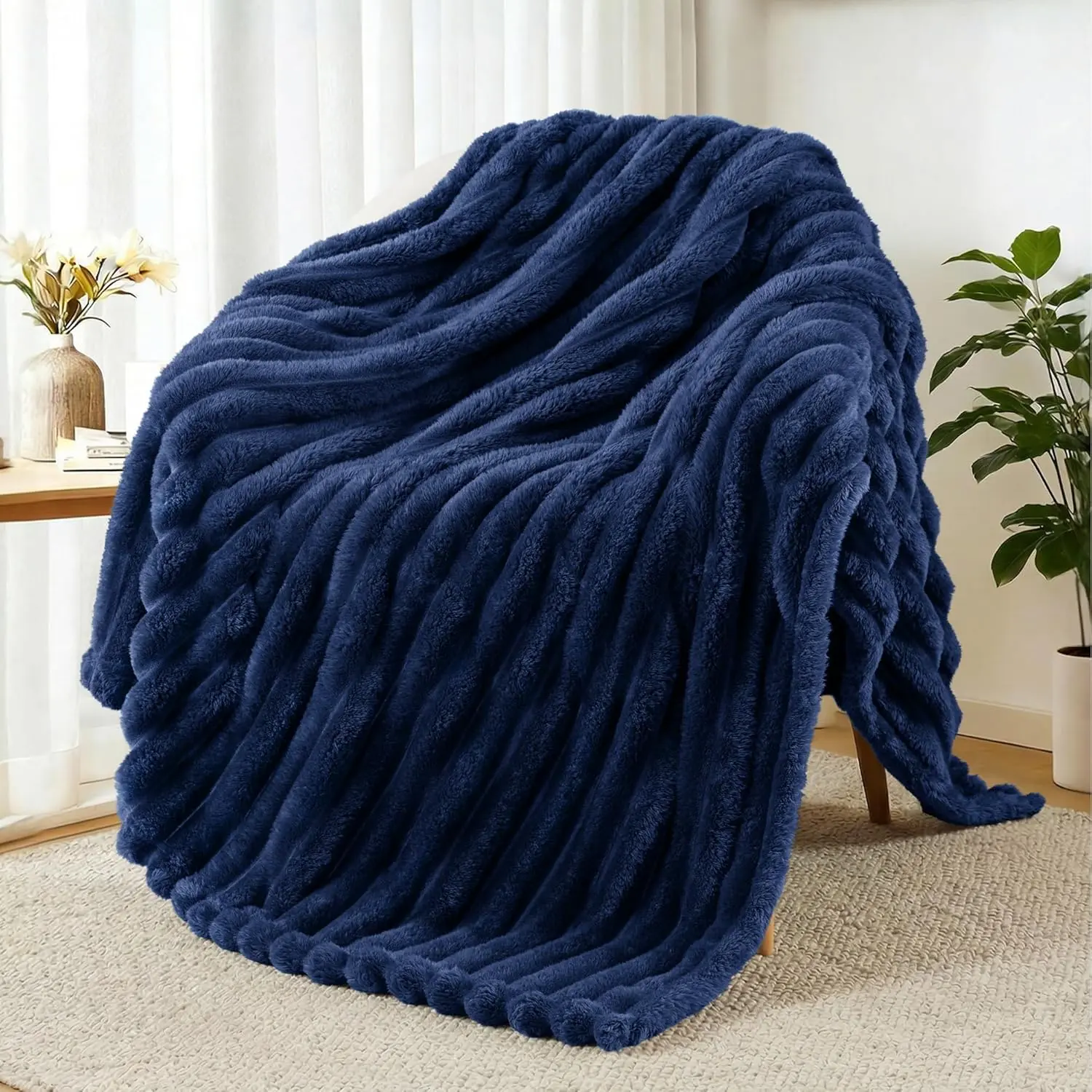 Fleece Throw Blanket for Couch, Soft Striped Bed Blanket, Lightweight Fuzzy Cozy for All, 50x60 Inches, Navy Blue
