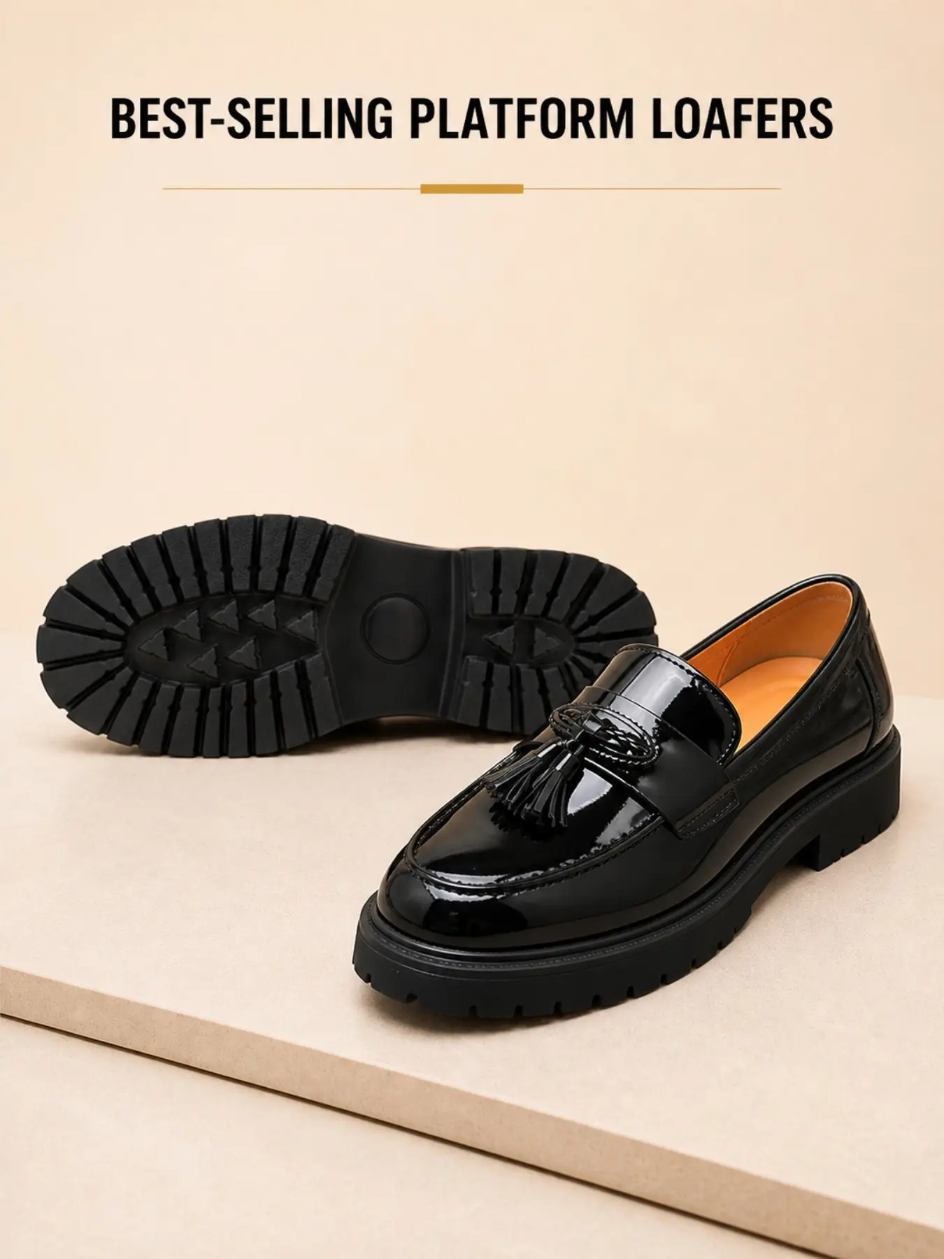 Men Black Patent Leather Tassel Loafers, Chunky Thick Platform Slip‑On Dress Shoes, Business Casual Office Daily Non‑Slip Loafer Shoes for Gentlemen