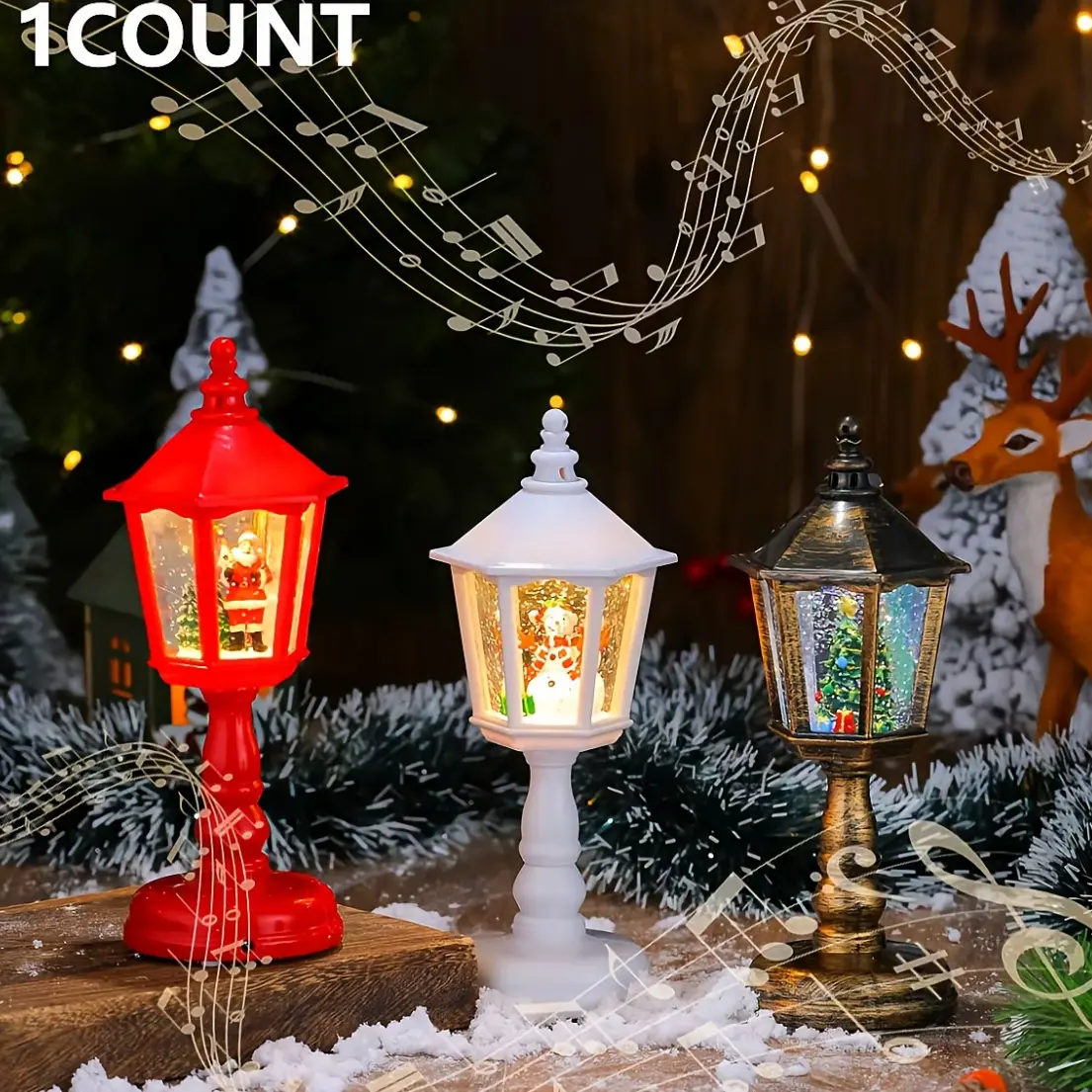 Christmas Decorations Lighted Lamp Snow Globe LED Lamppost Tabletop Statue Tabletop Figurine Christmas Resin Glow Lantern Decor for Home Office Xmas Indoor Holiday Party Xmas Gift