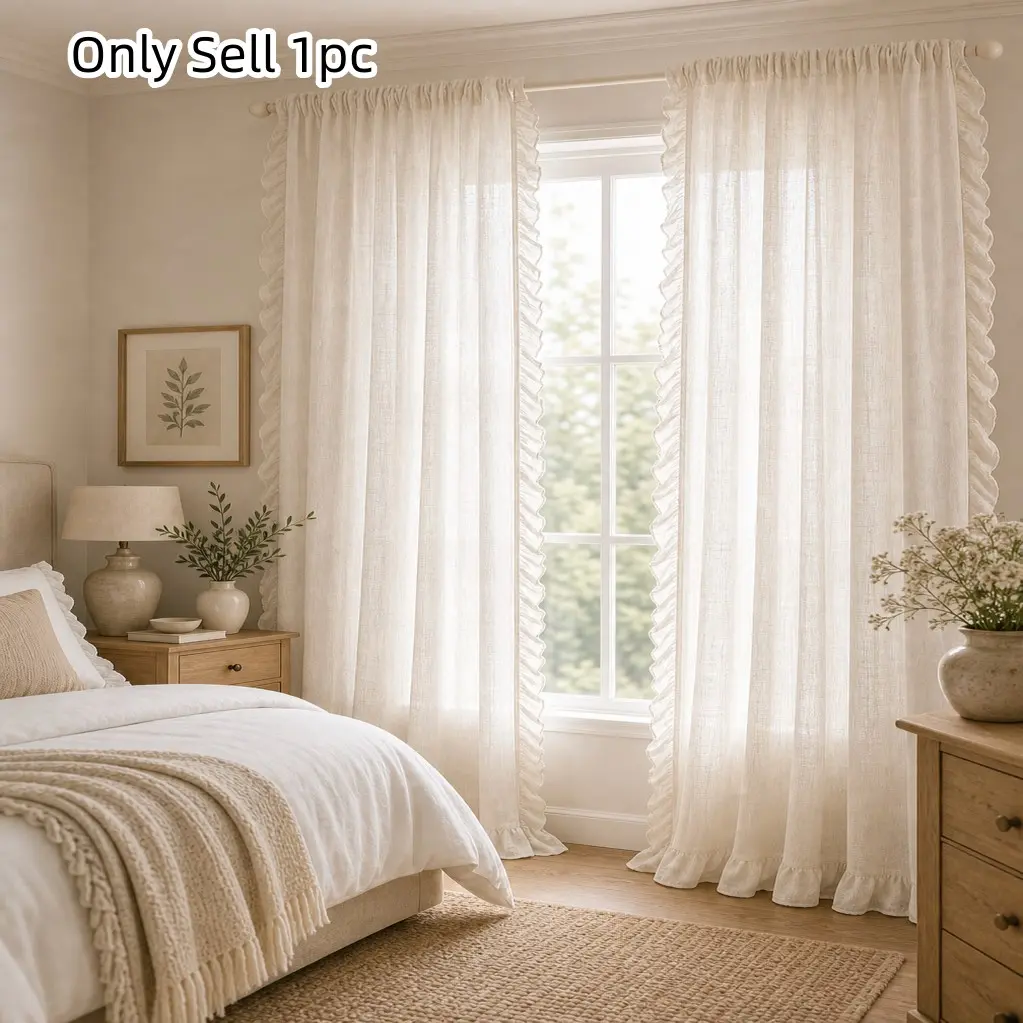 1pc Modern Minimalist Cream Ruffle Linen Curtain, Soft Apricot Base, Wave Pleats, Semi-Transparent Fabric, Ideal for Modern Living Room Windows, Window Drapes