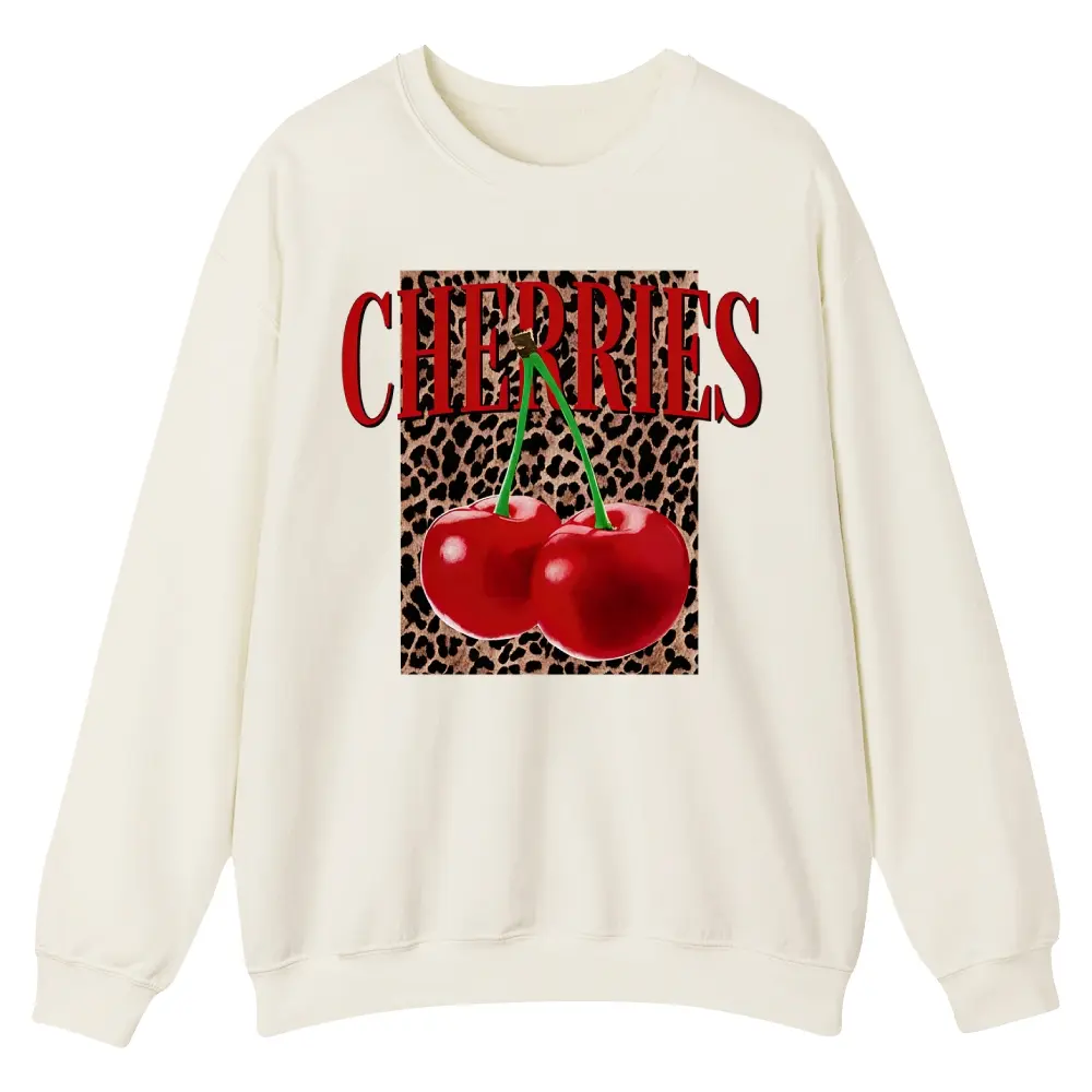 Unisex CHERRIES leopard print base, sweet realistic cherry design for young girls Graphic Round Neck Sweatshirt Personalized Pattern Y2k Clothing Round Neck Sweatshirt,Women's Clothing, Menswear, Top, Vintage Style,Summer Casual Oversized