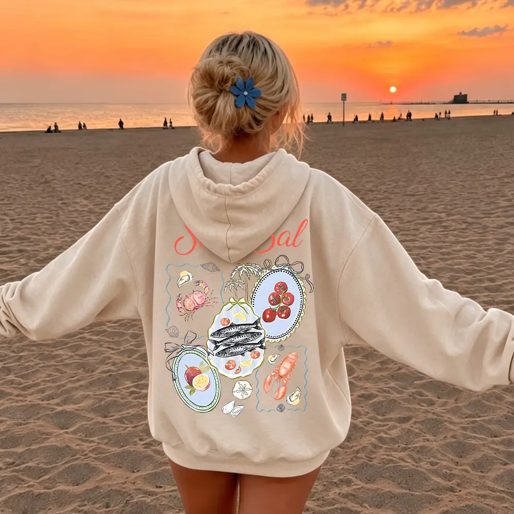 Unisex 100% Cotton Oversized Hoodie | Vintage European Summer Graphic Sweatshirt, Retro Sol y Sal Tomato Girl Pullover, Heavyweight Hooded Top