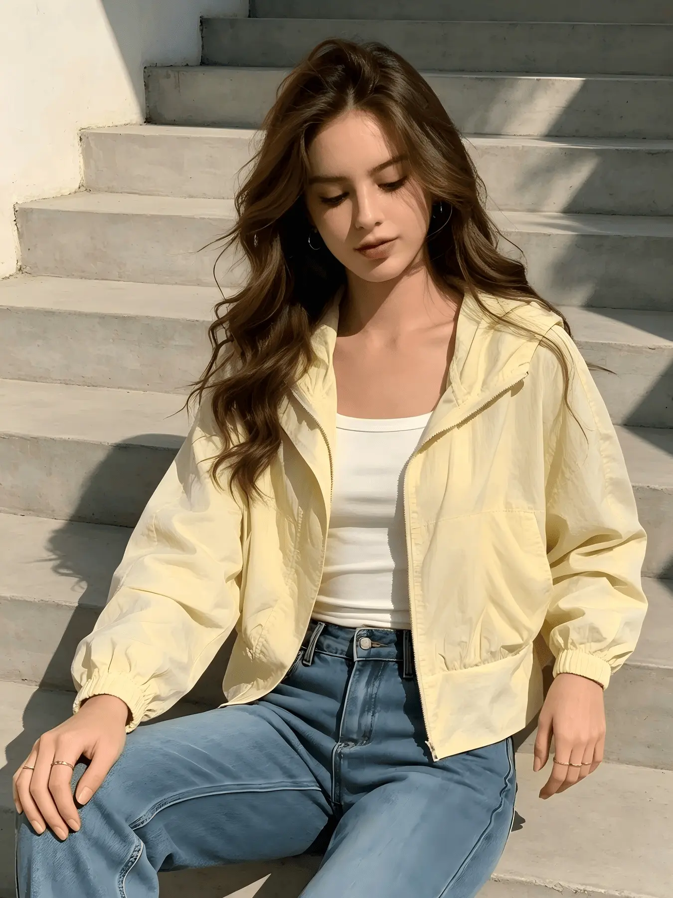 A fashionable yellow short hooded sunshade jacket for women, with a lightweight, lazy, loose cut and versatile suspender, a must-have for daily commuting, daily wear jackets, suitable for indoor and outdoor wear