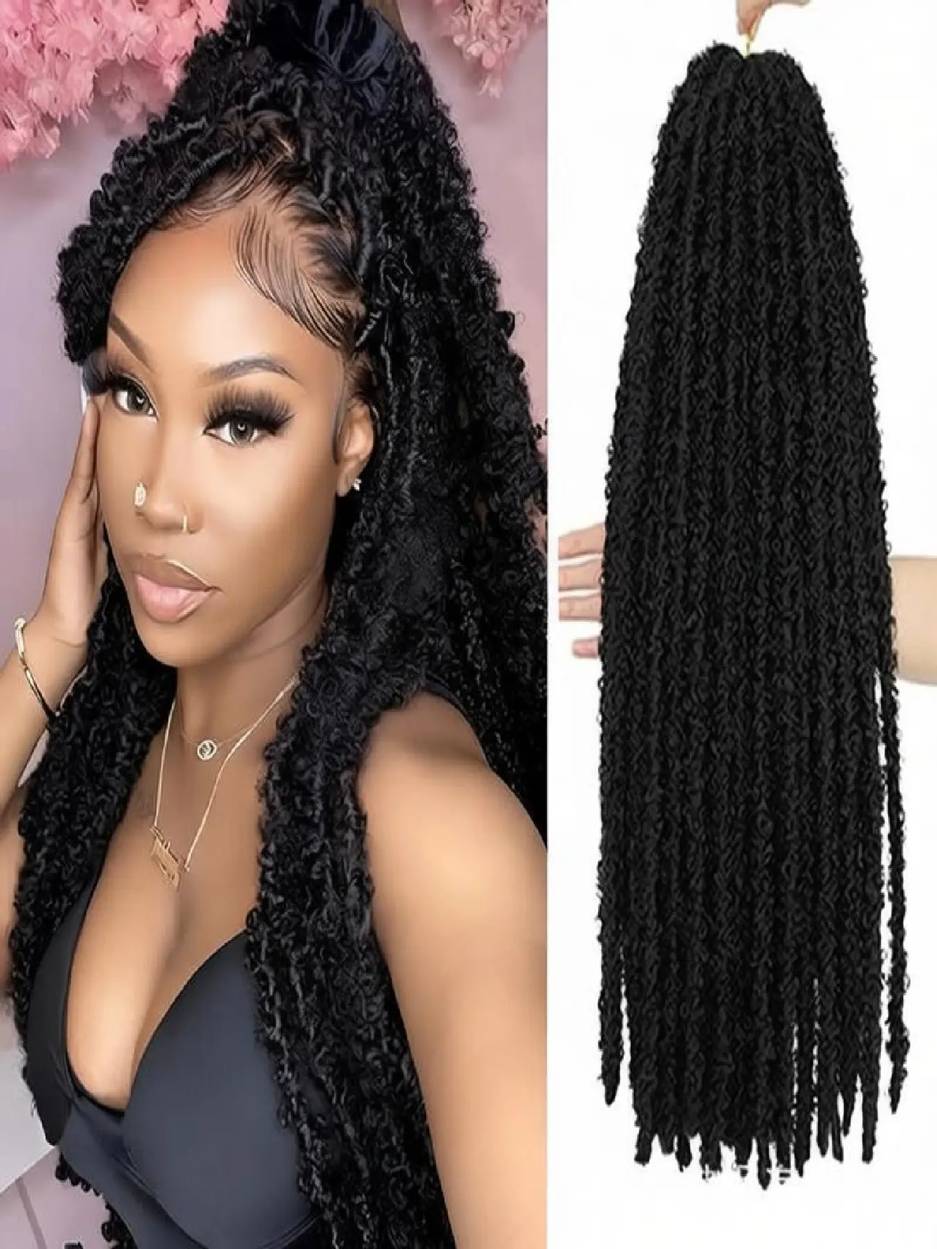 Butterfly Faux Locs Wig, African Dreadlock Extensions, Amazfit Hook Hairpiece, Curly Style, All-Season Wear, Non-Sensitive Material, Synthetic Faux Locs