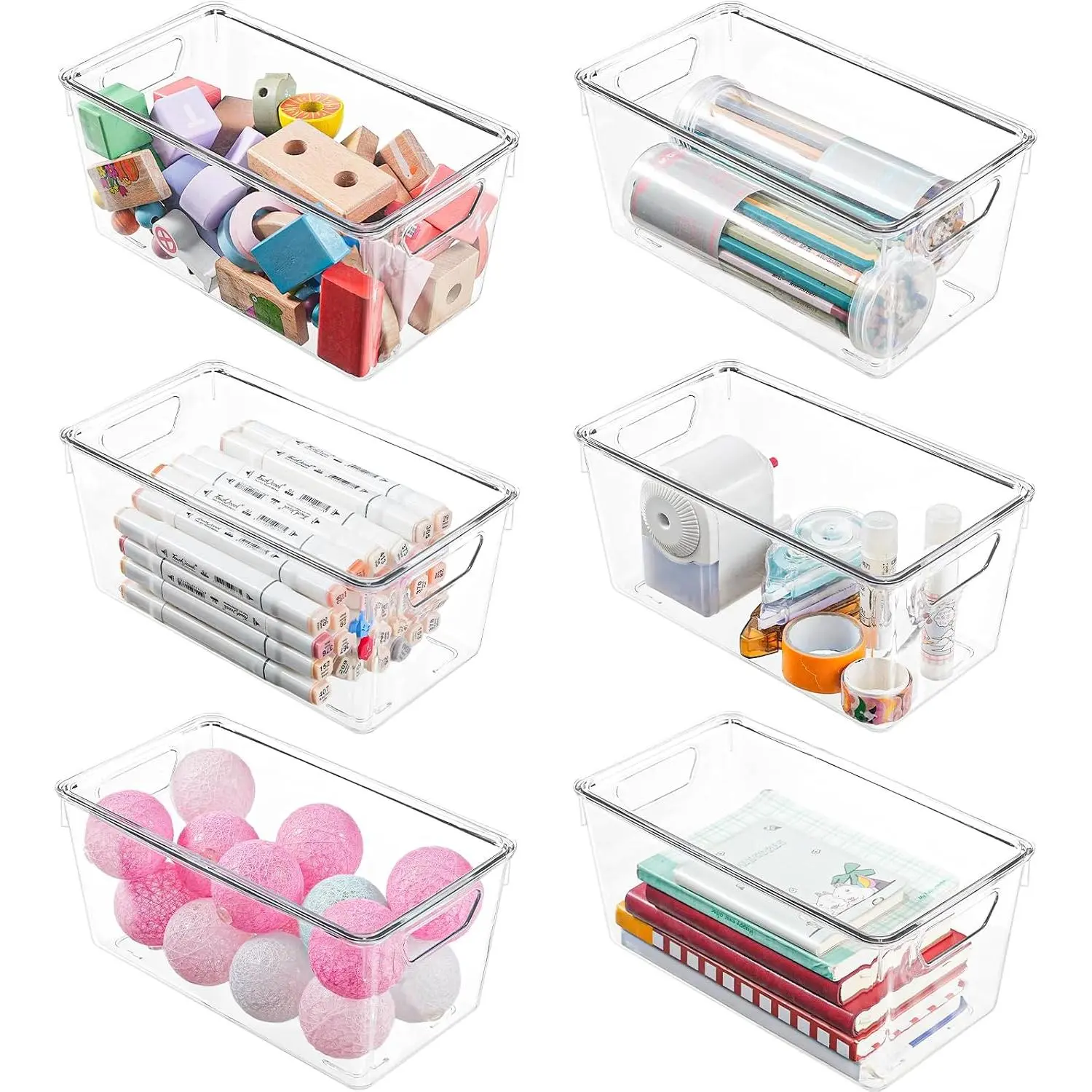 6 Pack Small Clear Storage Bins with ,  Arts and Craft Storage Containers, Stackable Clear Plastic Craft Storage Bins with Handles for Pantry Organizers and Storage, Kitchen, Fridge, Office