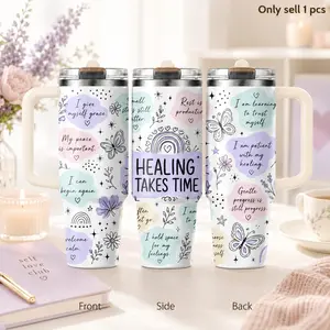 Daily Affirmation 40oz Tumbler – Positive Quote Stainless Steel Insulated Cup with Handle & Straw Lid for Coffee, Water, Office, Gym, Self Care Routine, Car Holder, Motivational Gift