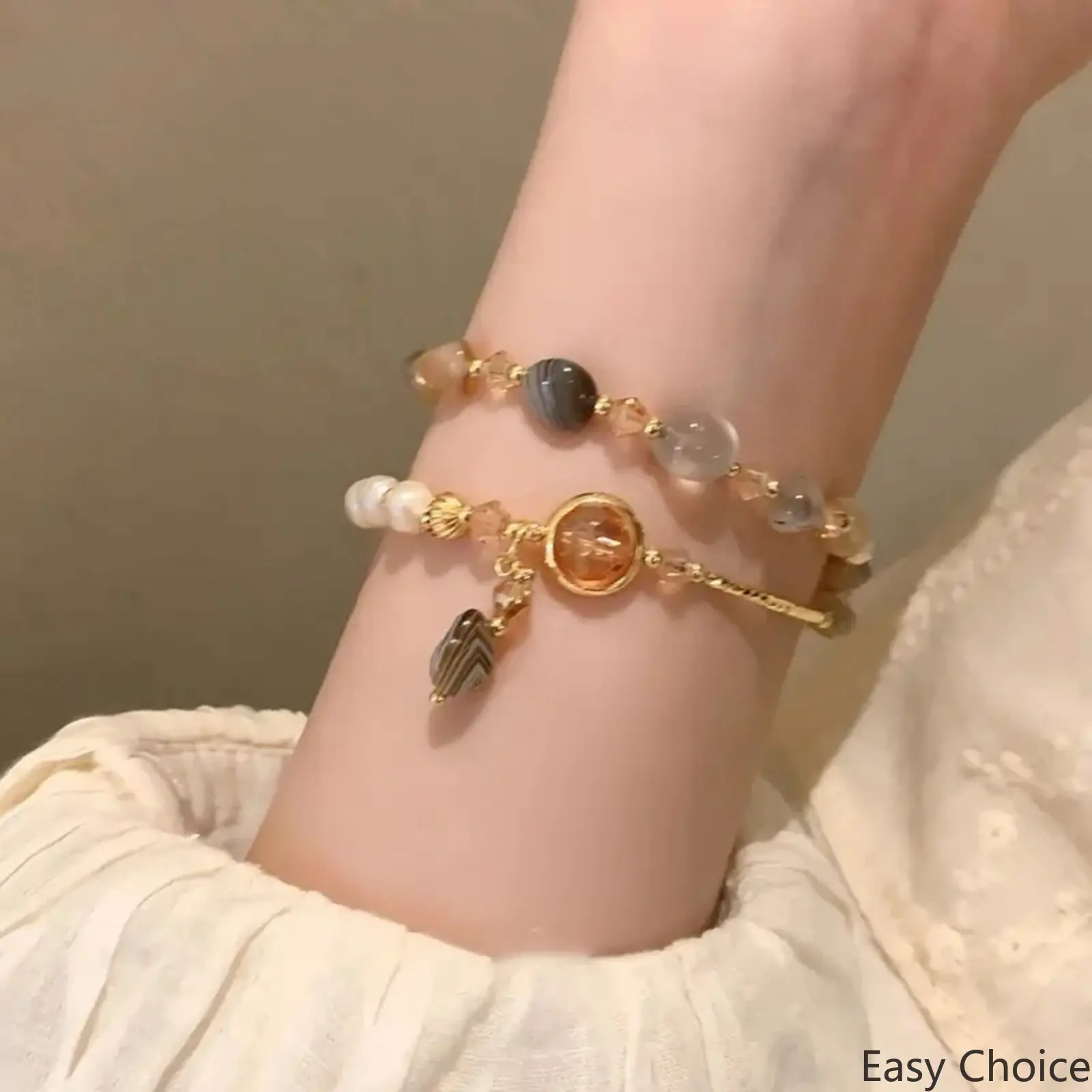 Women's Minimalist Layered Bracelet, Dainty Round Shell Faux Pearl Design With Gold Plated Beads, Adjustable Band Fashion Jewelry, Elegant Daily Wear Accessory, Ideal Holiday And Birthday Gift For Everyday Styling