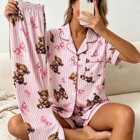 Women's 3-Piece Animal Pajama Set, Short Sleeve Button-Down Top, Shorts & Pants, All Season, Pink Stripe Highland Cow Printed Sleepwear Set for Pet Cuddling