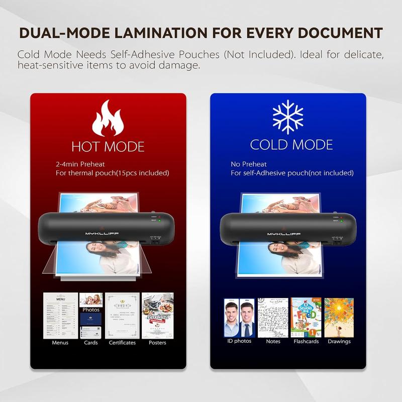 Laminator Machine 9-Inch Portable Thermal Laminater with Hot & Cold Modes, A4 Small Laminating Machine with ABS Jam-Release, 3-Min Warm-Up, 6-in-1 Photo Laminadoras Kit for Office & Classroom, Black