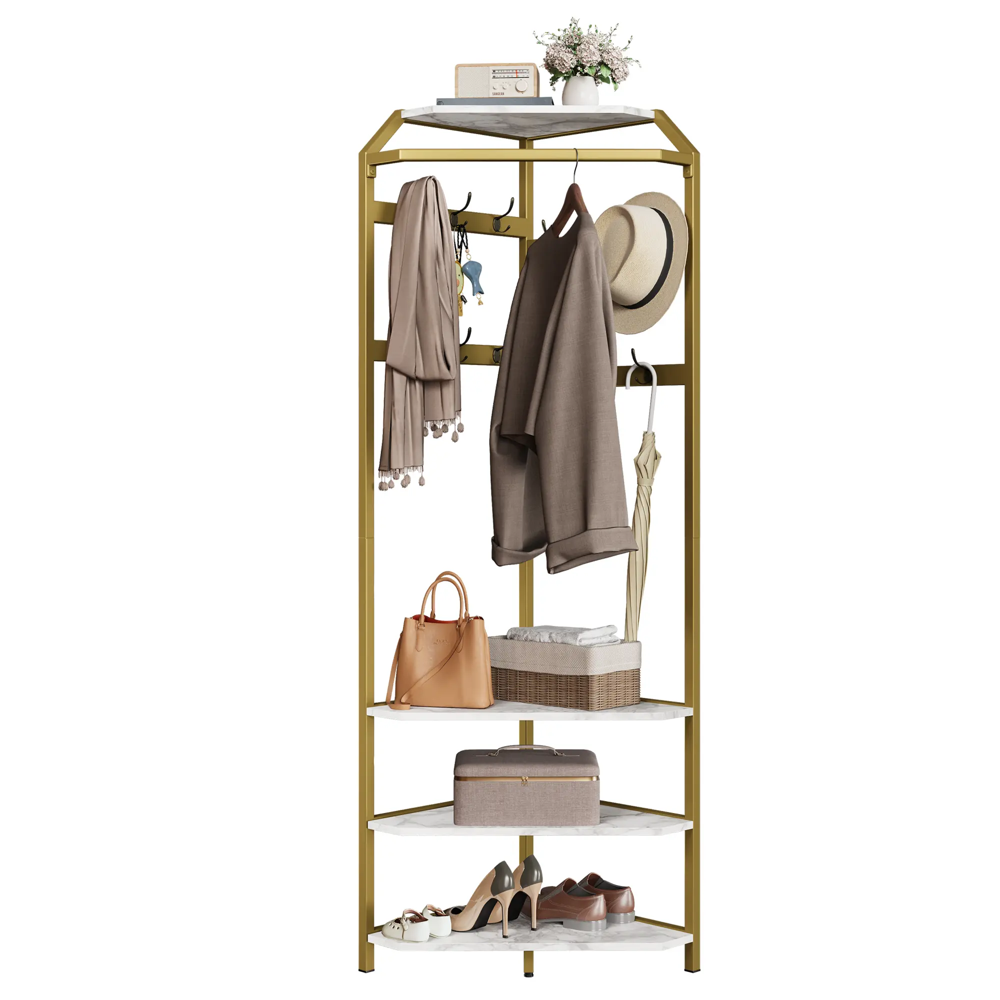 Contemporary Corner Coat Rack Hall Tree - Heavy Duty Clothes Rack Stand, Multifunctional Garment/Coat Hanger Stand, 3-Tier/4-Tier Storage Shelves, Shoe Bench, 12 Hooks, Freestanding Metal Entryway Organizer, Space Saving Design