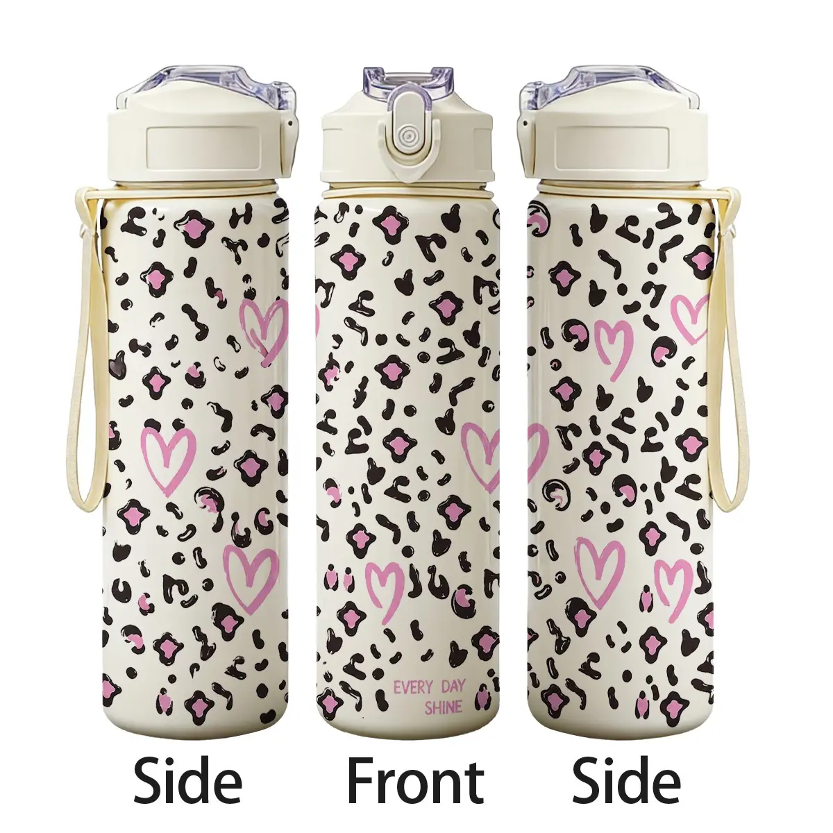 25oz Durable Plastic Water Bottle, Cute Leopard Print, One-Touch Lock with Straw and Handle, Reusable for School, Travel, Daily Use