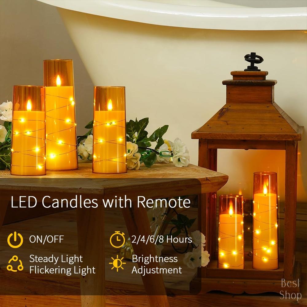 5pcs Flameless LED Candles with Embedded Star String, Battery Operated Acrylic Pillar Candles with Timer and Remote, Flickering Candles for Romantic Ambiance and Home Decoration Mood Decorative,Valentine's Day, Mother's Day