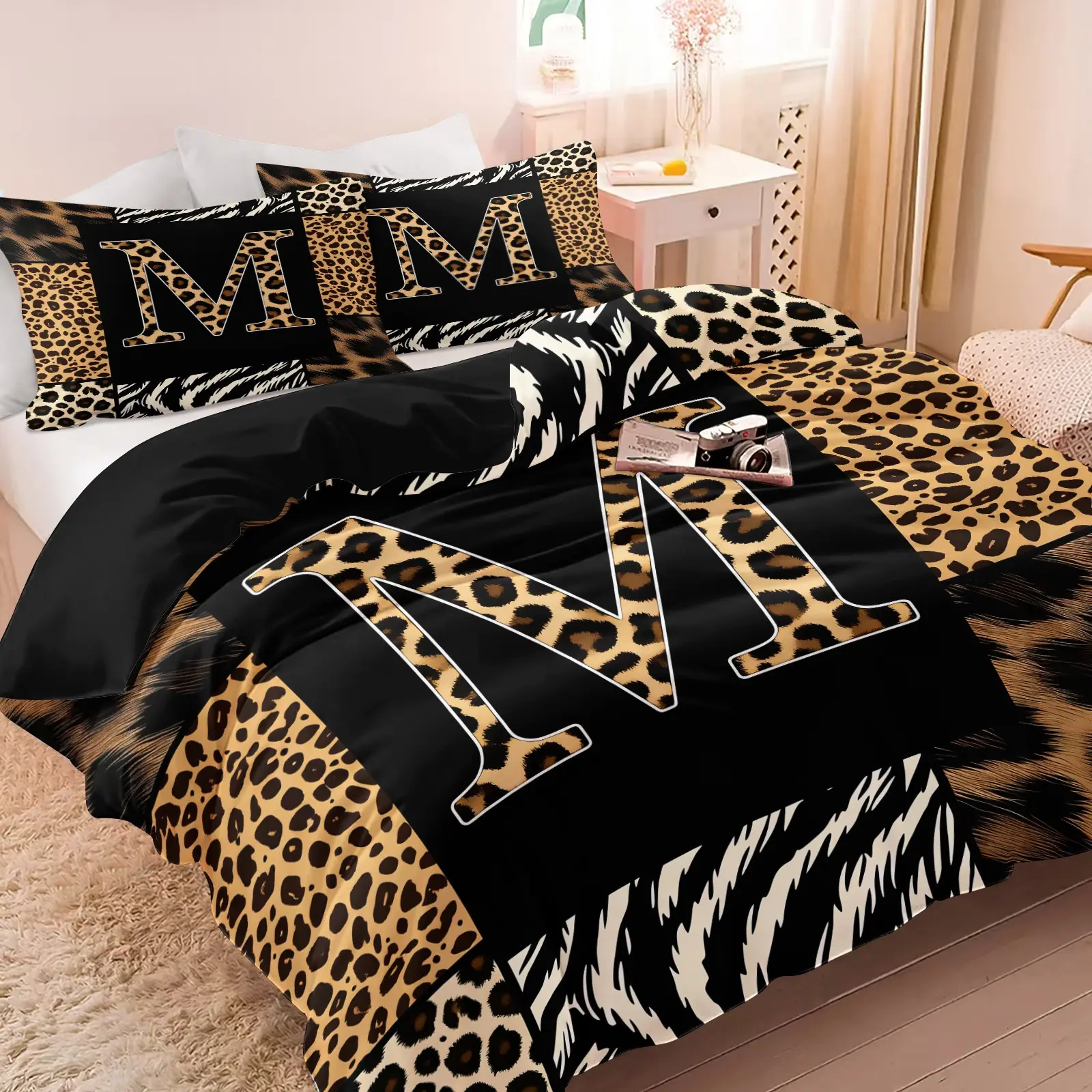 Mixed Spliced Leopard Initial M-Q Duvet Cover Set, Comfy Bedding Sets, Black Base Personalized Letter Print, Soft Breathable All-Season Fabric, 1 Duvet Cover & 1-2 Pillowcases, Unique Decor For Bedroom & Dorm, Great Birthday Gift