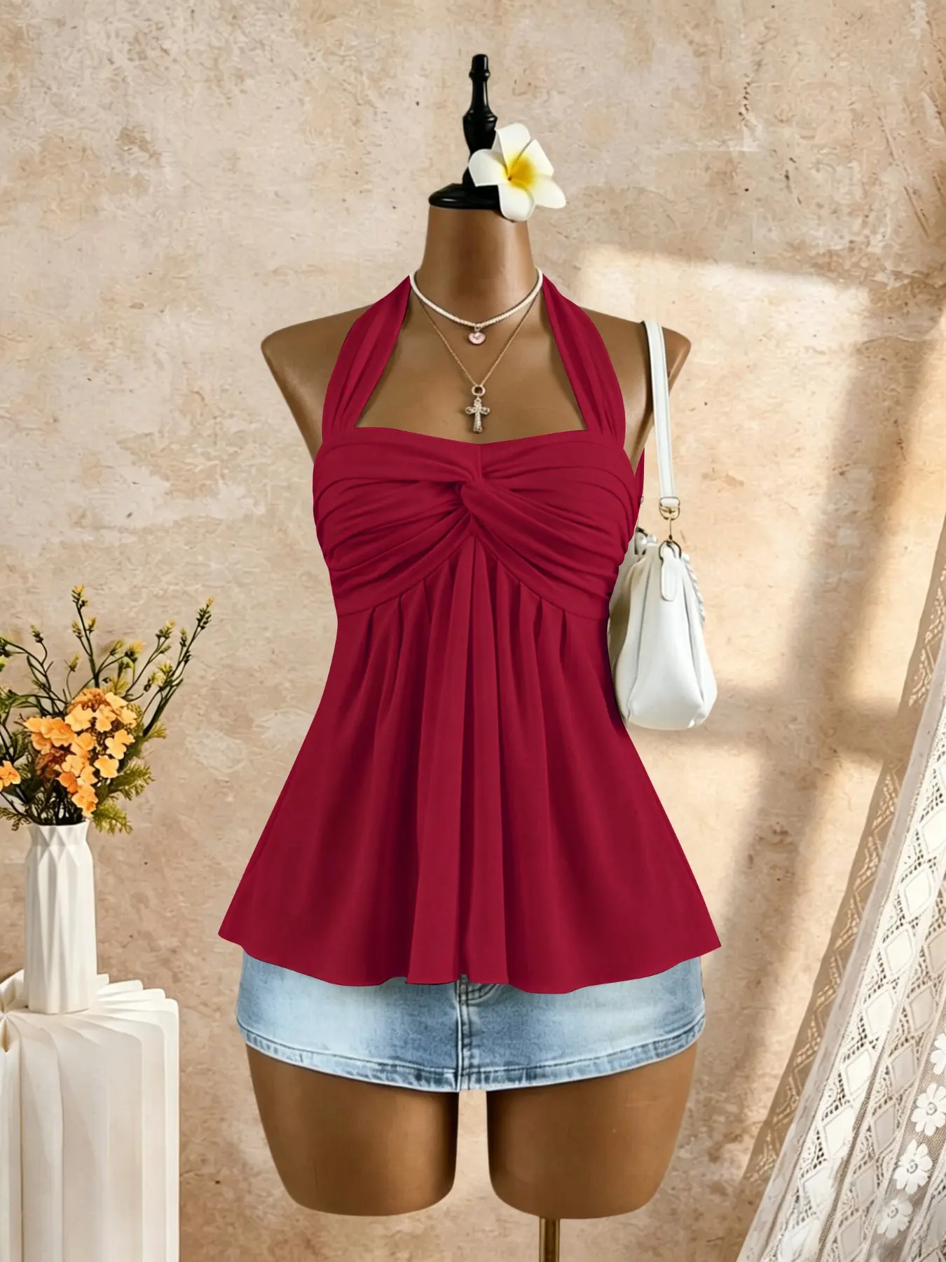 Women's Halter Neck Knot Pure Color Casual Top, Sleeveless Pleated Flowy Backless Vest for Summer Vacation Women's Halter Neck Knot Pure Color Casual Top, Sleeveless Pleated Flowy Backless Vest for Summer Vacation