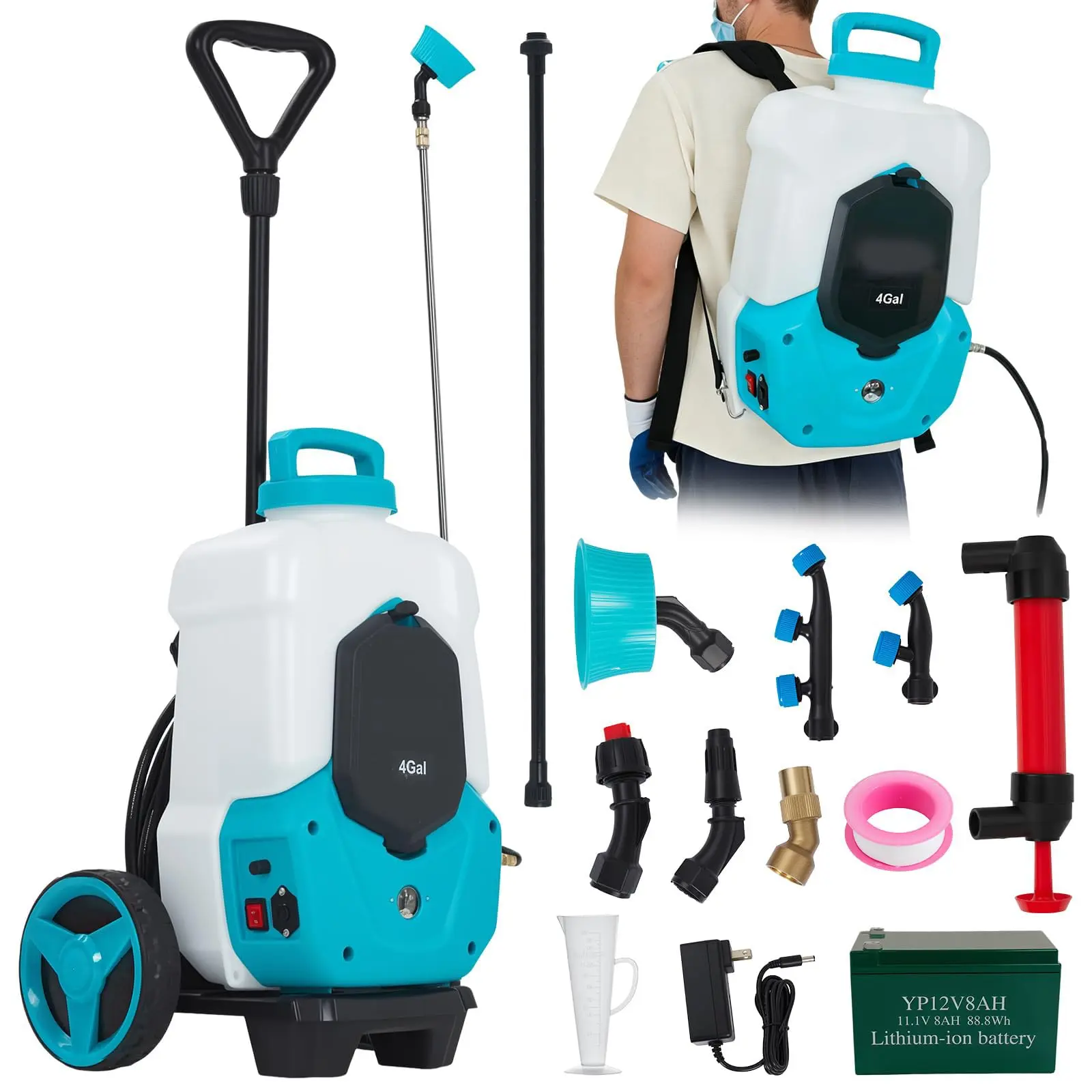 4 Gallons Battery Powered Backpack Sprayer with Wheeled Cart, 12V 8Ah Electric Sprayer with 6 Nozzles & 2 Wands, 4-6 Hour Runtime, 90PSI Adjustable Pressure, Trigger Lock, Yard Sprayers