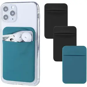 3Pack Cell Phone Card Holder Pocket for Back of Phone,Stretchy Stick on Wallet Credit Card ID Case Pouch Sleeve Self Adhesive Sticker with Flap for iPhone Samsung Galaxy-2Black+1Teal Green