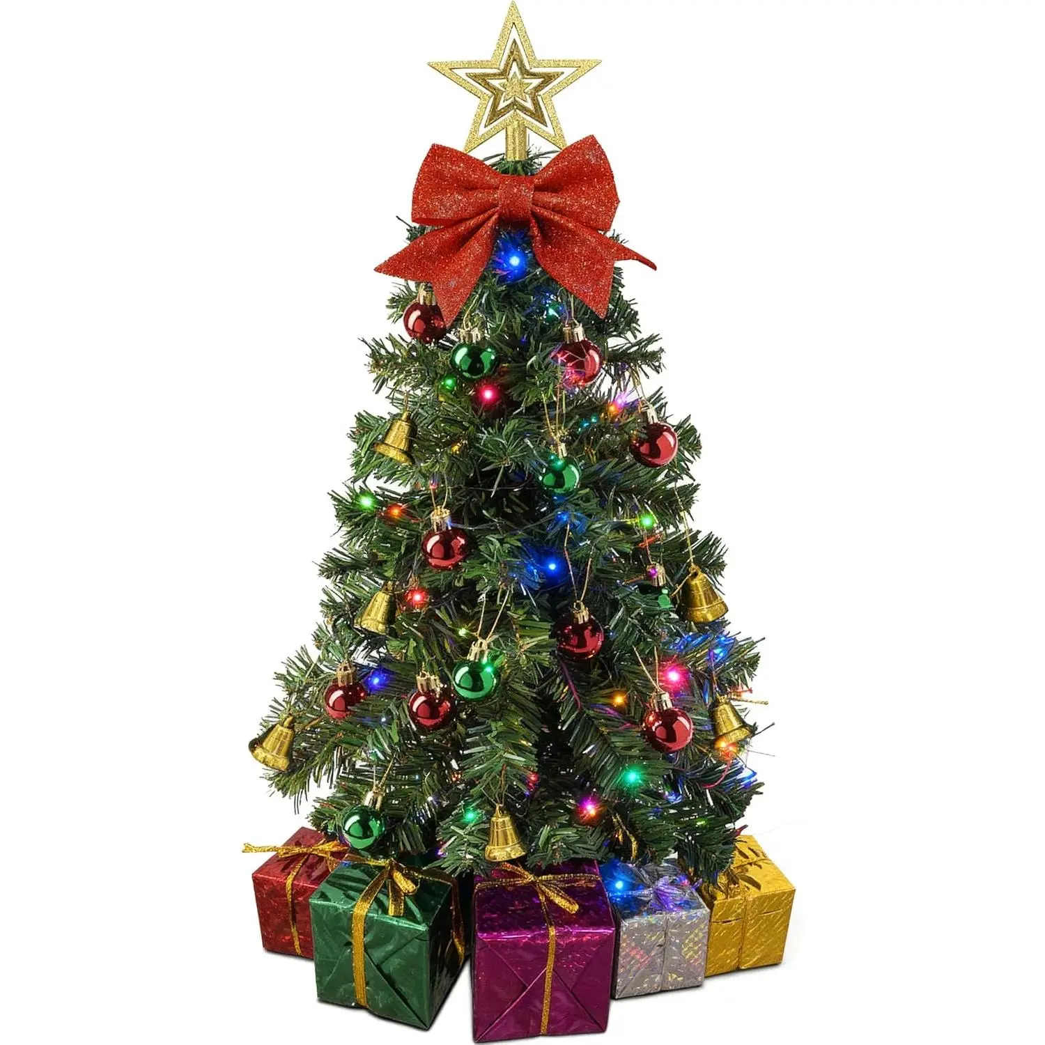 23 Inch Mini Tabletop Christmas Tree with Multi-Color LED Lights, Hanging Ornaments, Decorative Bow and Gift Boxes - Prelit Tree for DIY Christmas Decoration
