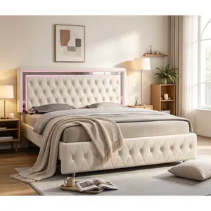 [Fathersdaygift] Modern Bed Frame with RGB LED Lights, Adjustable Headboard Velvet Button Tufted/Acrylic Mirror Accents/Smart APP&Remote Control/No Box Spring Needed/Furniture Room/Full/Queen Size/Best Gift Ideas/Christmas Gifts