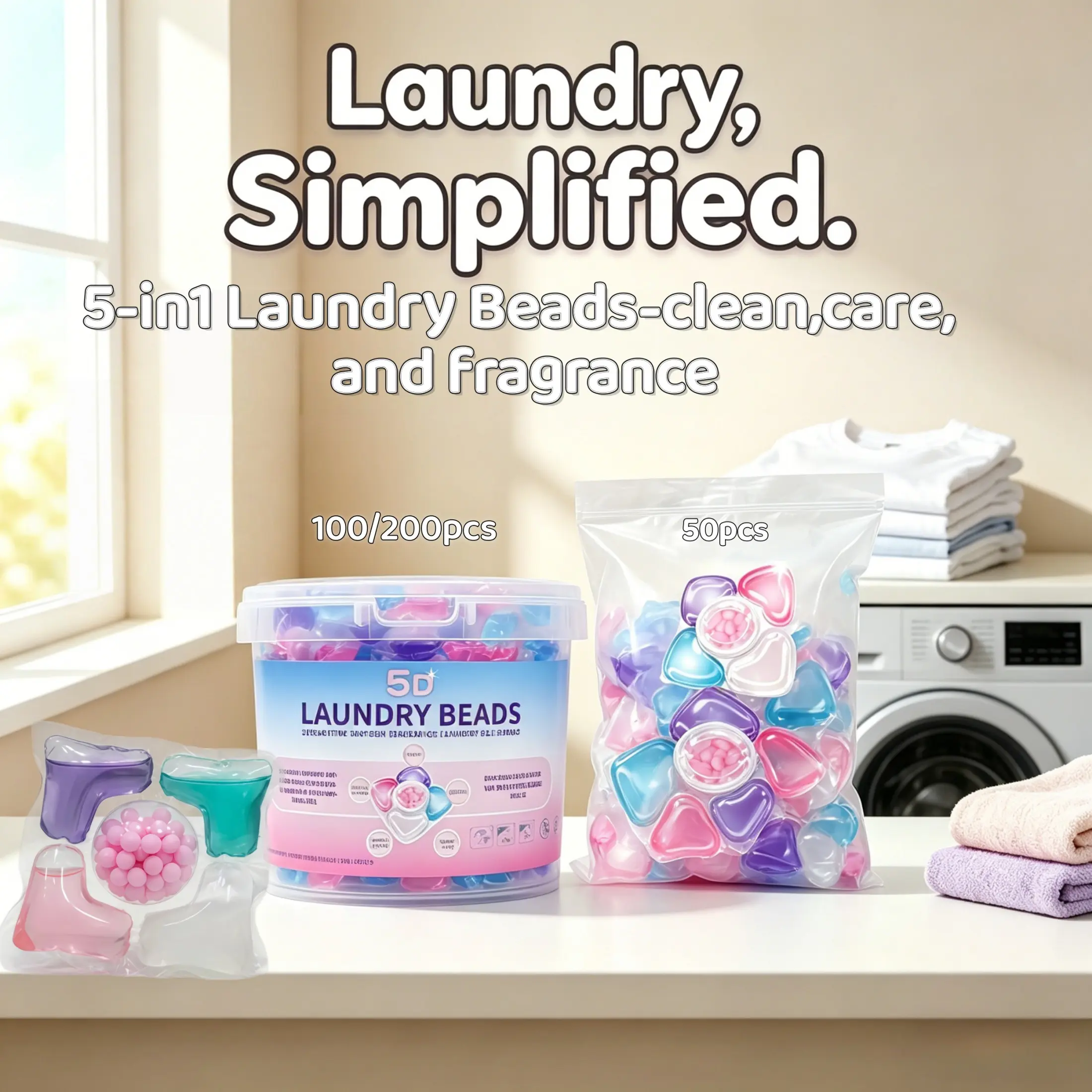 5-In-1 Laundry Detergent Pods 8g/pcs, Deep Clean, Fragrance, Softness, Gentle on Hands & Clothes, Portable Laundry Beads for All Fabrics, Scented Detergent Balls