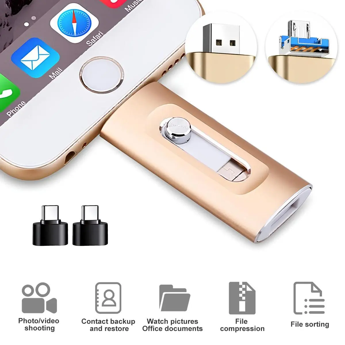 Flash Drive USB 3-in-1 Photo Stick for iPhone & Android! Never Lose Memories! High-Speed USB 3.0  with Type-C Adapter, Backup Photos/Videos in Seconds. Portable Memory for Phone/PC. 64GB 128GB 256GB.  Usb Storage