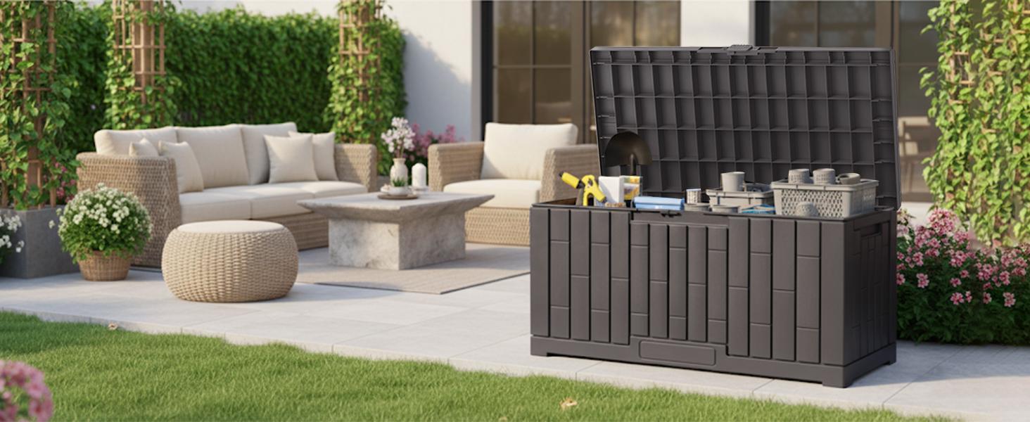 60 Gallon Deck Box, Waterproof Outdoor Storage Box with Lockable Lid, Patio Furniture Bench & Side Table, Outside Storage Container, Tool-Free Assembly, for Garden, Pool, Brown