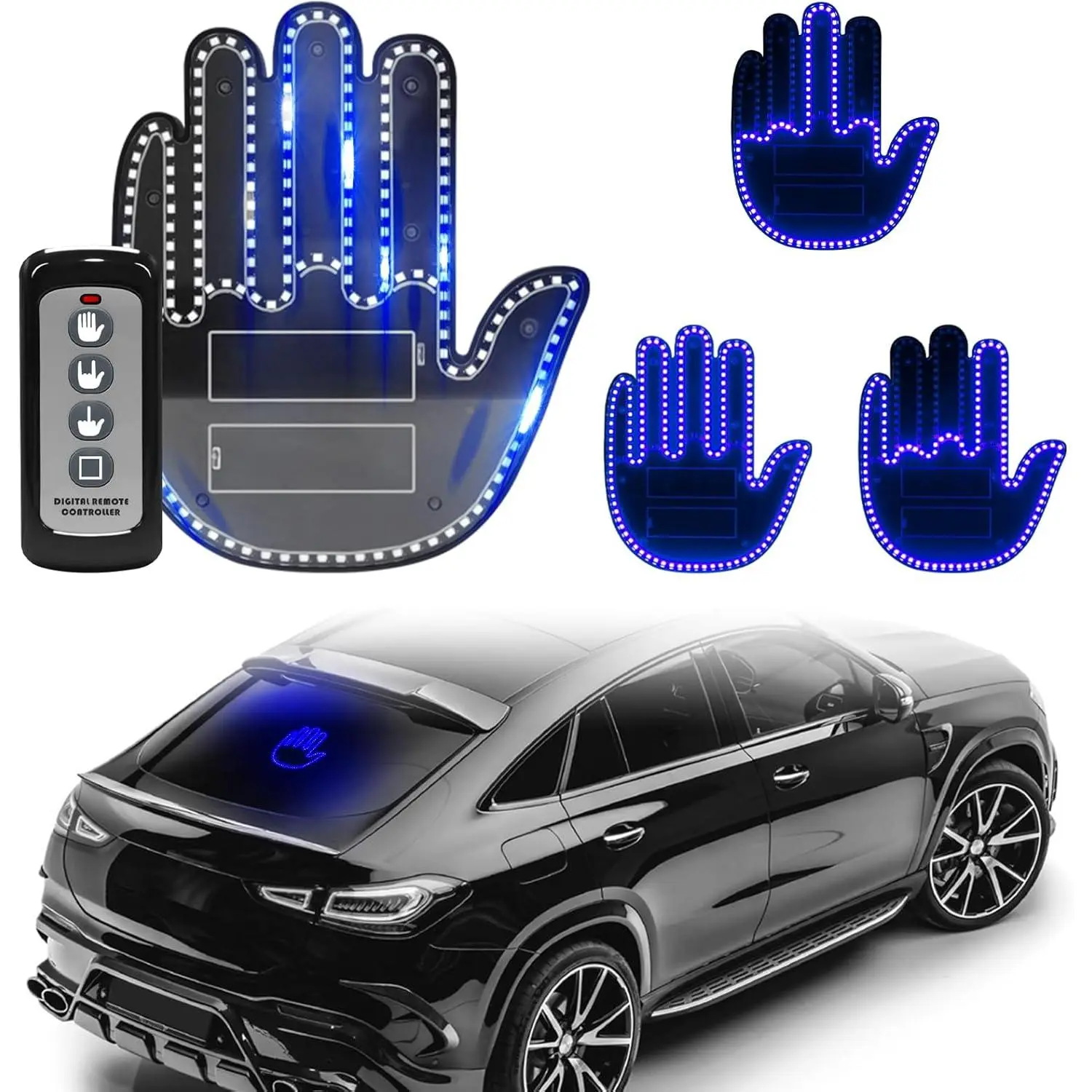Hand Gesture Light with Remote, Red LED Finger Funny Window Sign Light Accessories for   (Blue)