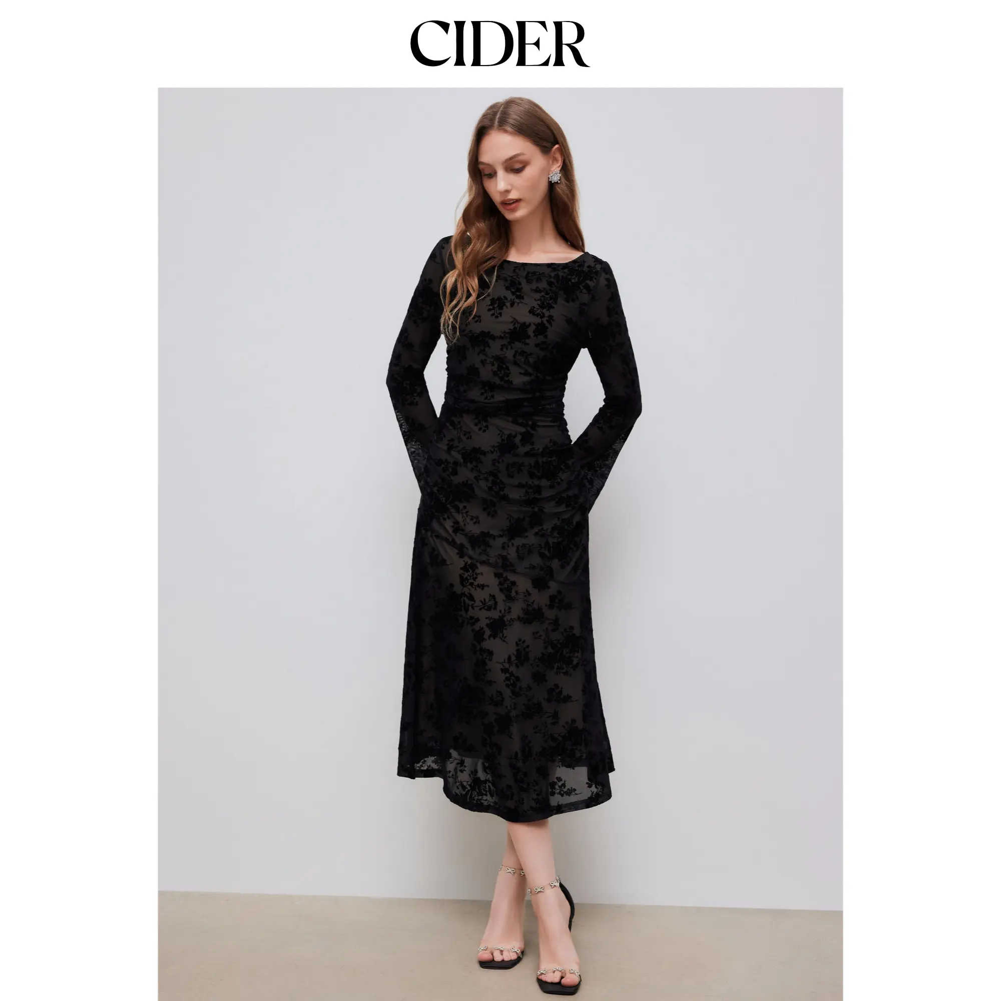 Cider Mesh Boat Neck Floral Ruched Long Sleeve Maxi Dress