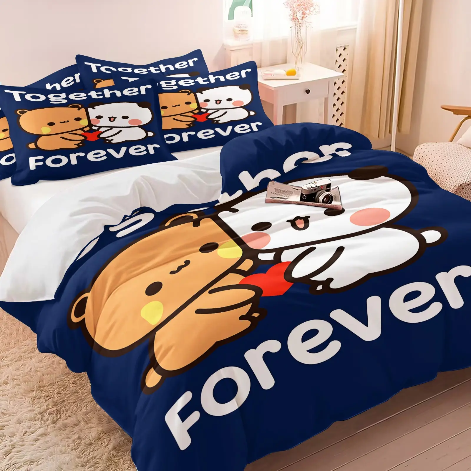 2/3Pcs Cozy Navy Cute Couple Bear Comforter Set Together Forever Heart Cartoon Kawaii Print Bedding Soft Lightweight All Season Bed Set For Couples Teen Girls Romantic Bedroom