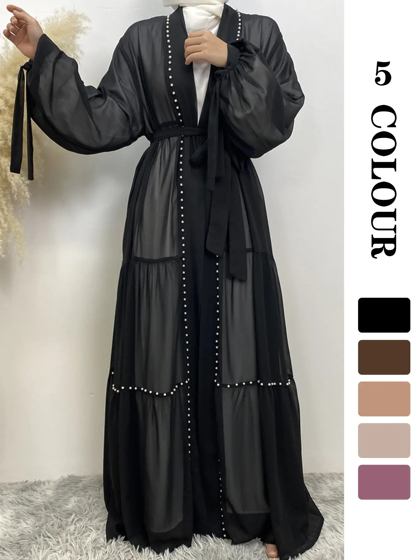 Women's Solid Color Pearls Decor Chiffon Abaya, Modest Fashion Long Sleeve Open Front Abaya for Daily Wear, Women's Islamic Clothing for Spring & Fall