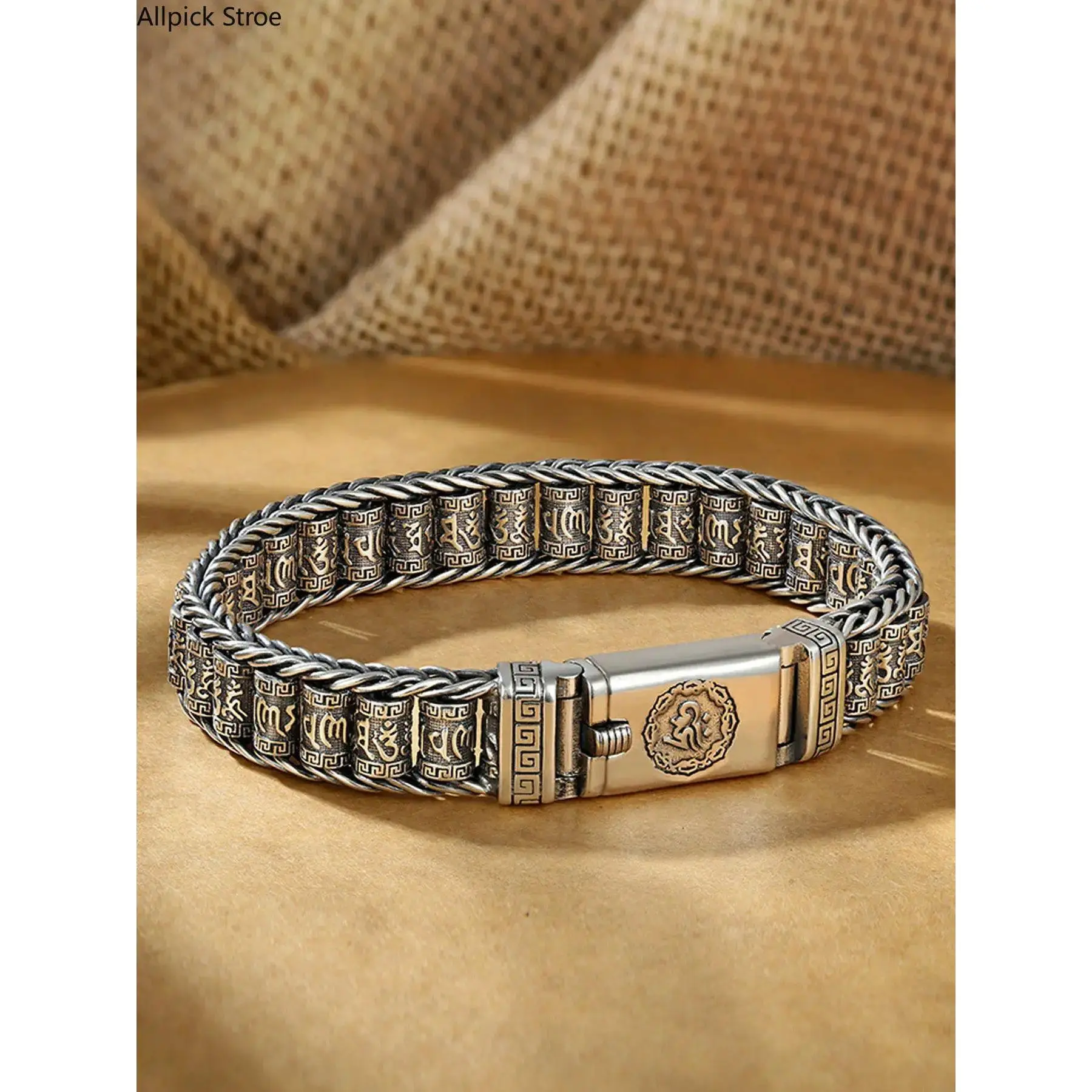 Handmade Buddhist Bead Bracelet for Men with Six-Character Mantra Engraved Adjustable Lucky Charm Retro Spiritual Accessory