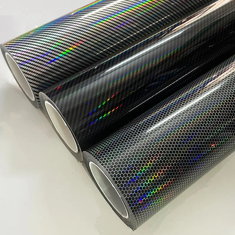 Premium PET Gloss Laser Holographic Carbon Fiber Vinyl Wrap Film With Air Release Self Adhesive DIY Car Motorcycle Sticker Decal Car Decals