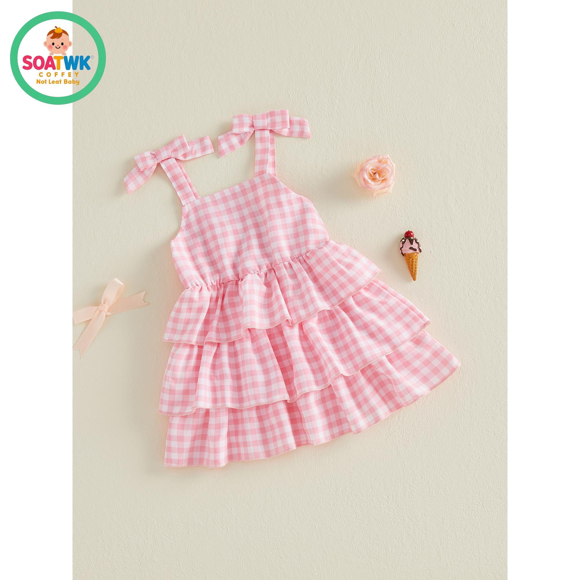 Toddler Girls Summer Dress Casual Layered Hem Plaid Print Cute Bow Sleeveless Dress for Cute Clothes