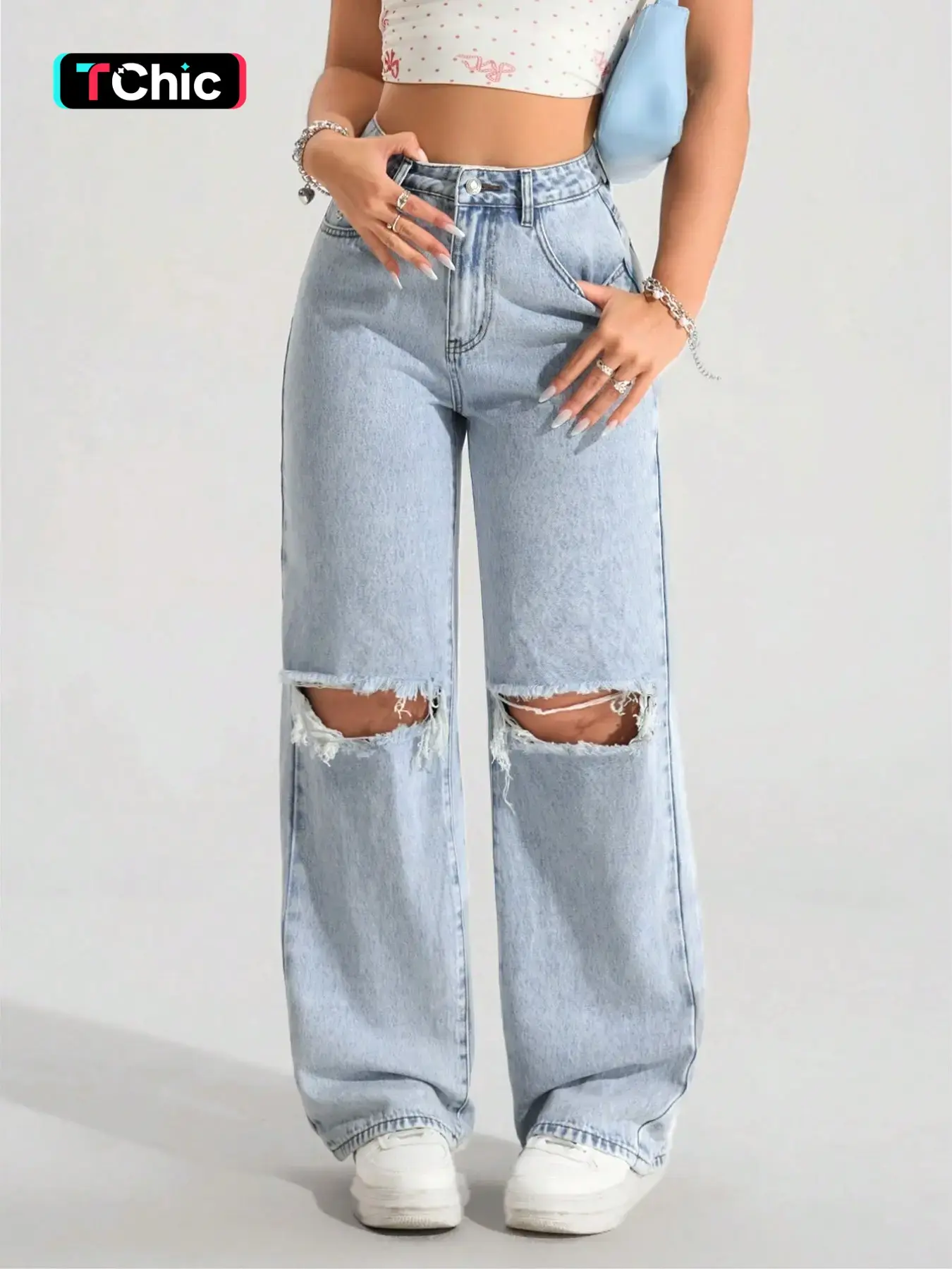 Women's Light Blue Washed Ripped Denim Jeans, Non-Elastic Loose Straight Leg, Flowy Floor-Length Slimming Pants, Comfortable Long Trousers