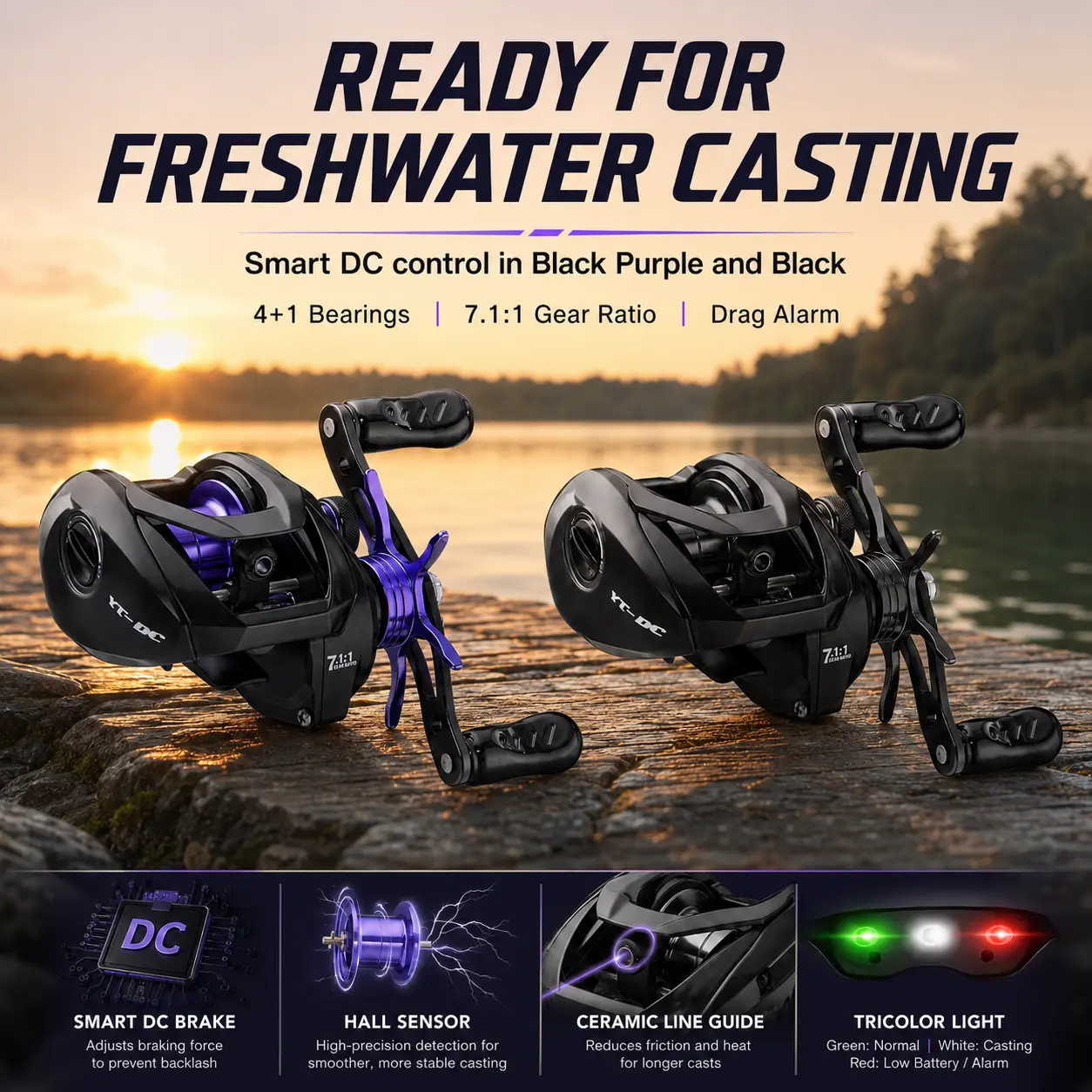 YT-DC Professional Baitcasting Reel 7.1:1 High Speed Gear Ratio 5kg Max Drag 186g Ultra Lightweight DC Chip Electronic Brake System 2g Micro Lure Casting Anti-Backlash Stable Long Cast Performance Integrated Drag Alarm Metal Line Release Knob
