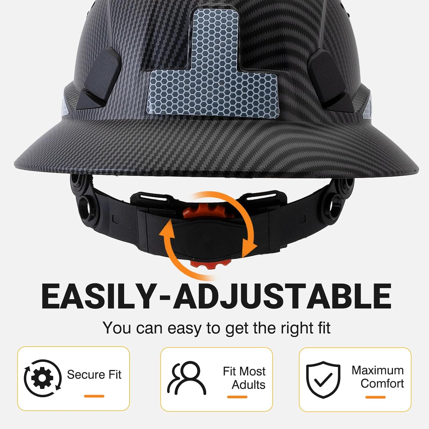 Full Brim Hard Hat ABS Safety Helmet with 6 Point Adjustable Ratchet Suspension Vented Industrial Work Hardhat with Visor Reflective Stickers