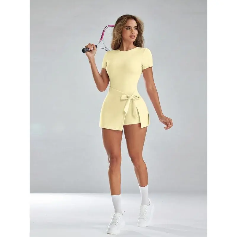 Women's Short Sleeve Crew Neck Athletic Dress, Built-in Shorts Casual Workout Tennis Mini Dress