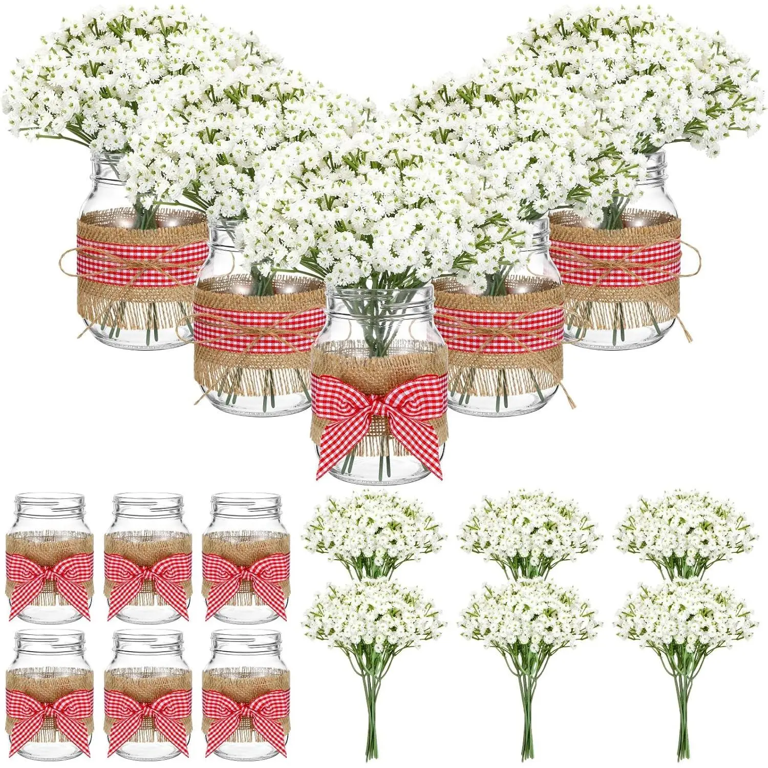 6-Set Classic Baby's Breath Mason Jar Table Decorations - Indoor Furniture Table Centerpieces with Artificial Flowers, Red Gingham Ribbon for Picnic, Birthday Party, Decoration, Plastic