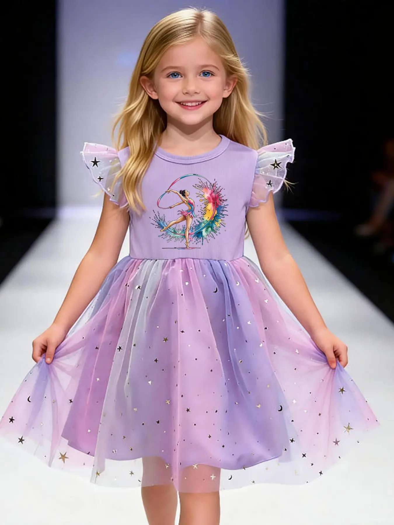 Girls' Fashion Sleeveless Dress, Cartoon Print, Elegant Star Moon Mesh, Sweet Layered Princess Dress, Perfect for Parties and Birthdays
