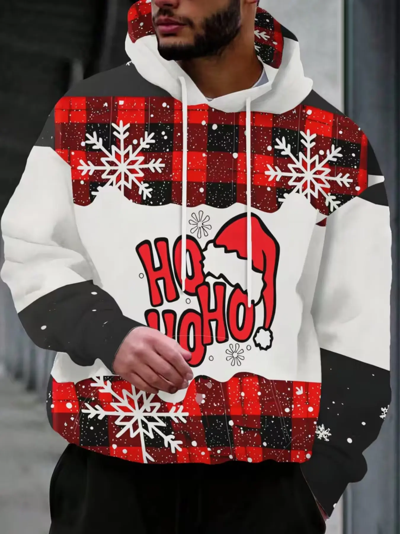 Christmas Theme Hooded Sweatshirt, Unisex Plaid Snowflake Pattern, Casual Long Sleeve Pullover, Fall Winter New Arrival