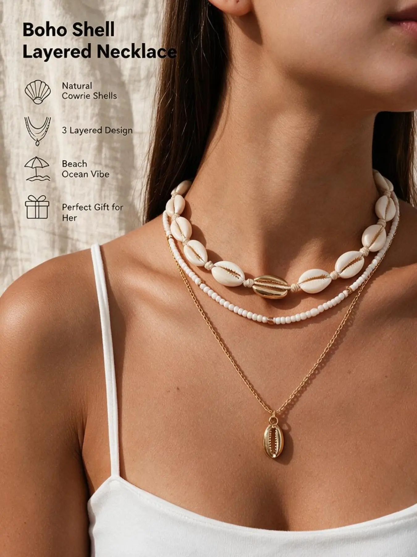Boho Shell Necklace for Women, Layered Cowrie Shell Charm Necklace with White Beads, Beach Ocean Coastal Jewelry, Y2K Summer Vacation Necklace, Trendy Gold Shell Statement Jewelry Gift for Her